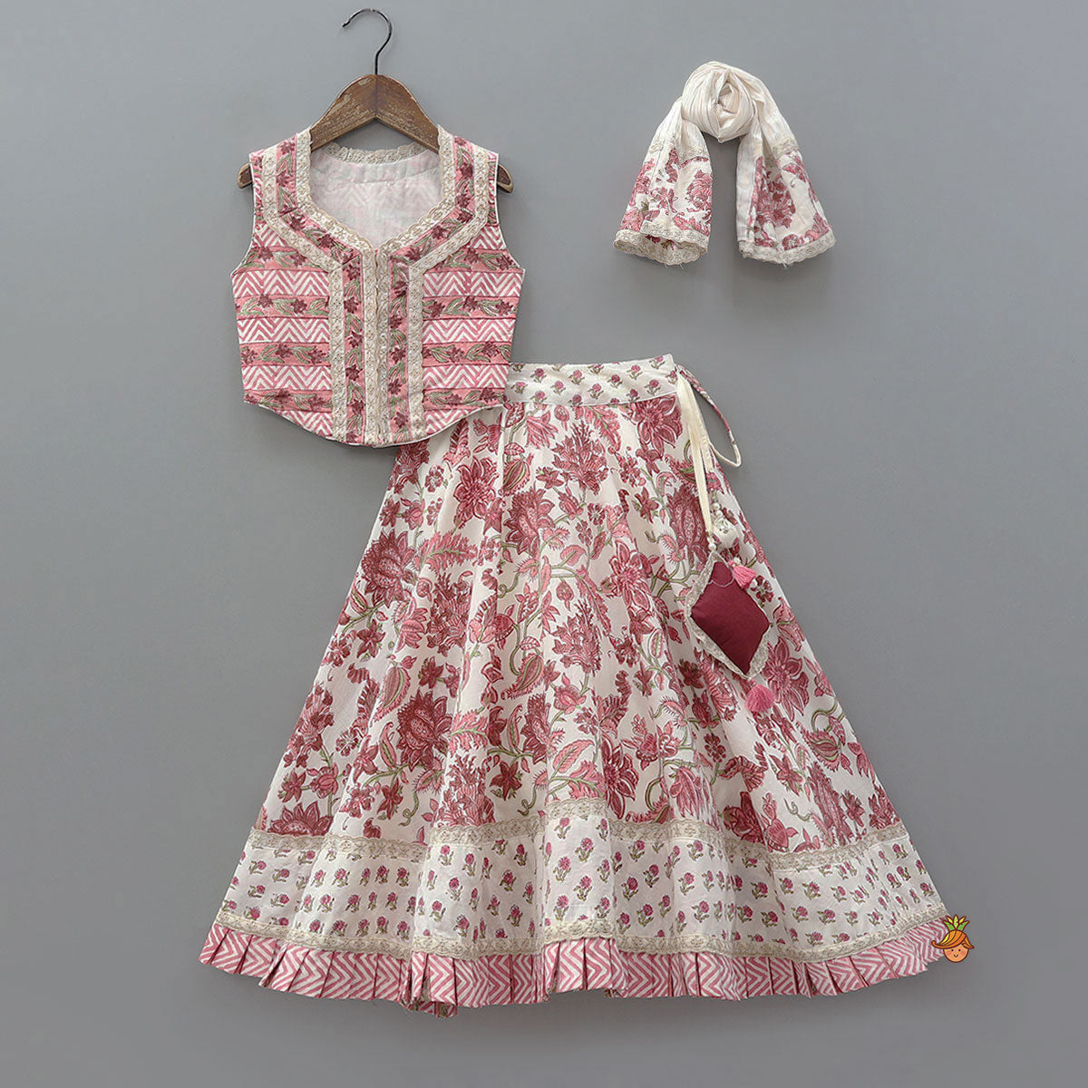 Hand Block Printed Crop Top And Pleated Hem Lehenga With Matching Dupatta