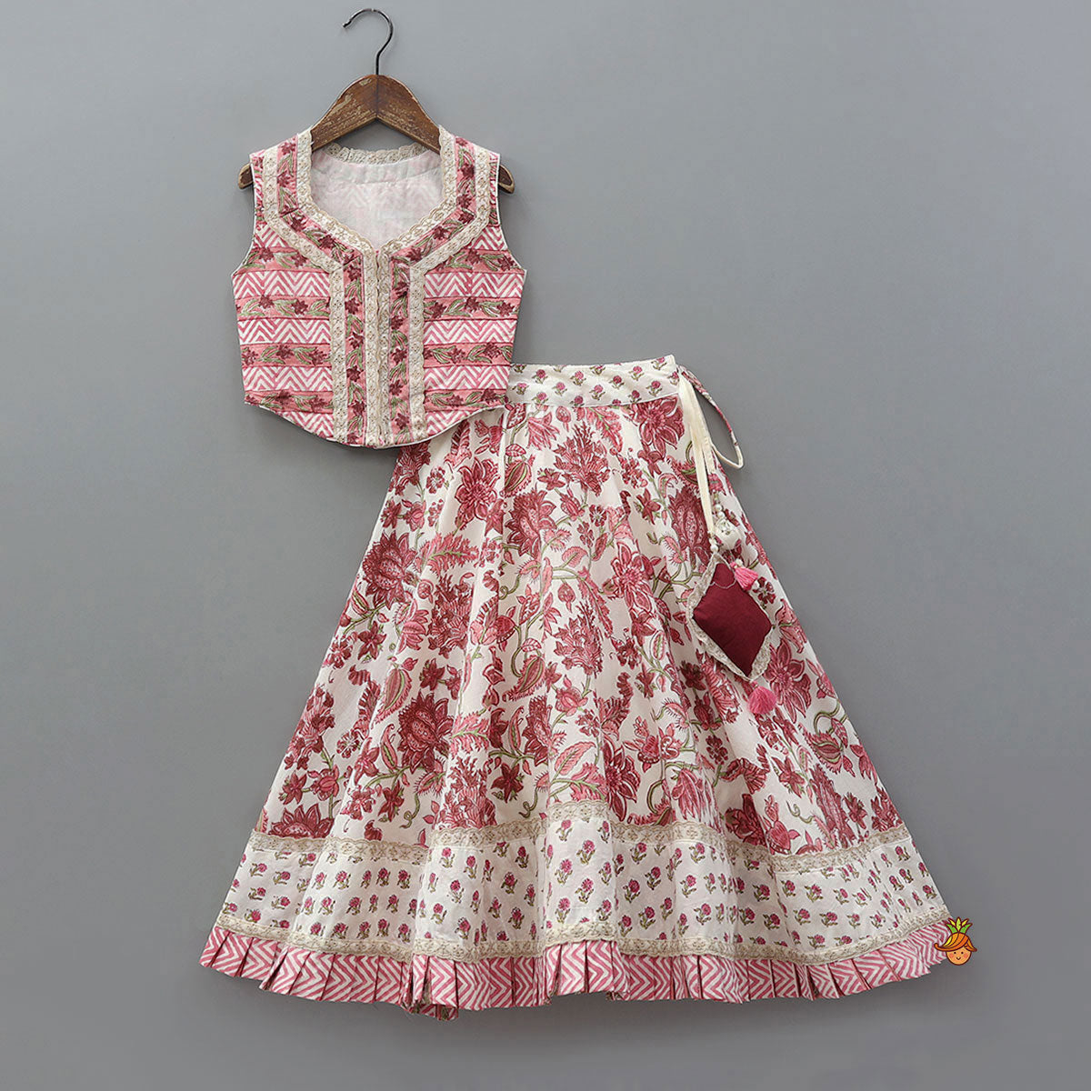 Hand Block Printed Crop Top And Pleated Hem Lehenga With Matching Dupatta