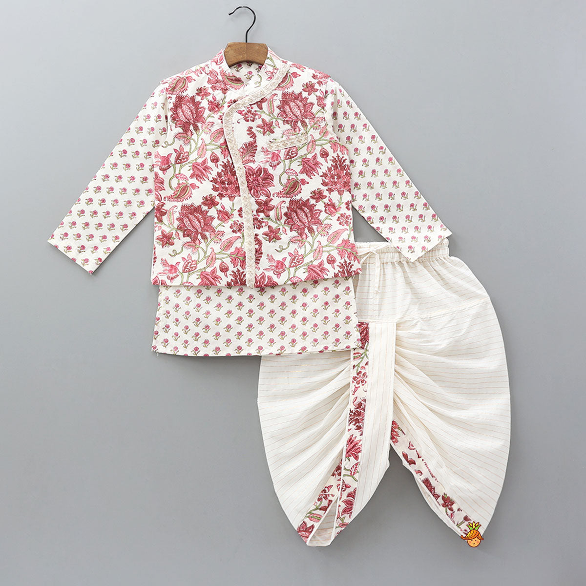 Floral Printed Kurta And Matching Jacket With Lurex Striped Dhoti