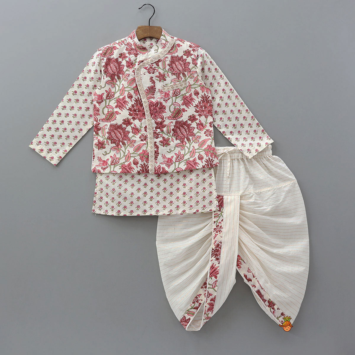 Floral Printed Kurta And Matching Jacket With Lurex Striped Dhoti