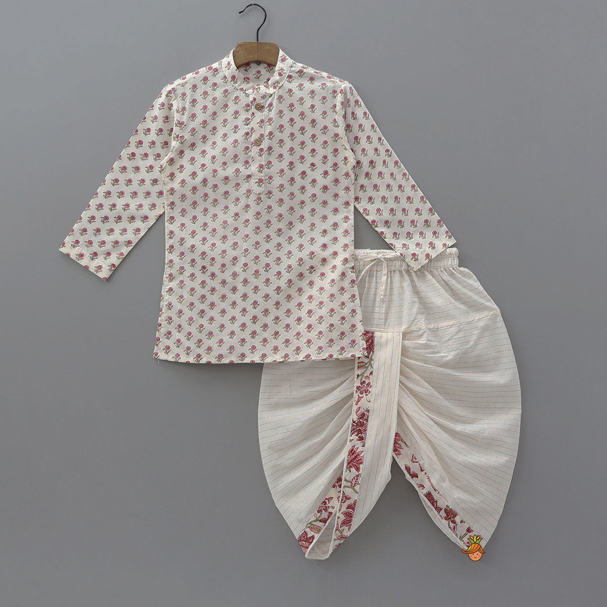 Floral Printed Kurta And Matching Jacket With Lurex Striped Dhoti