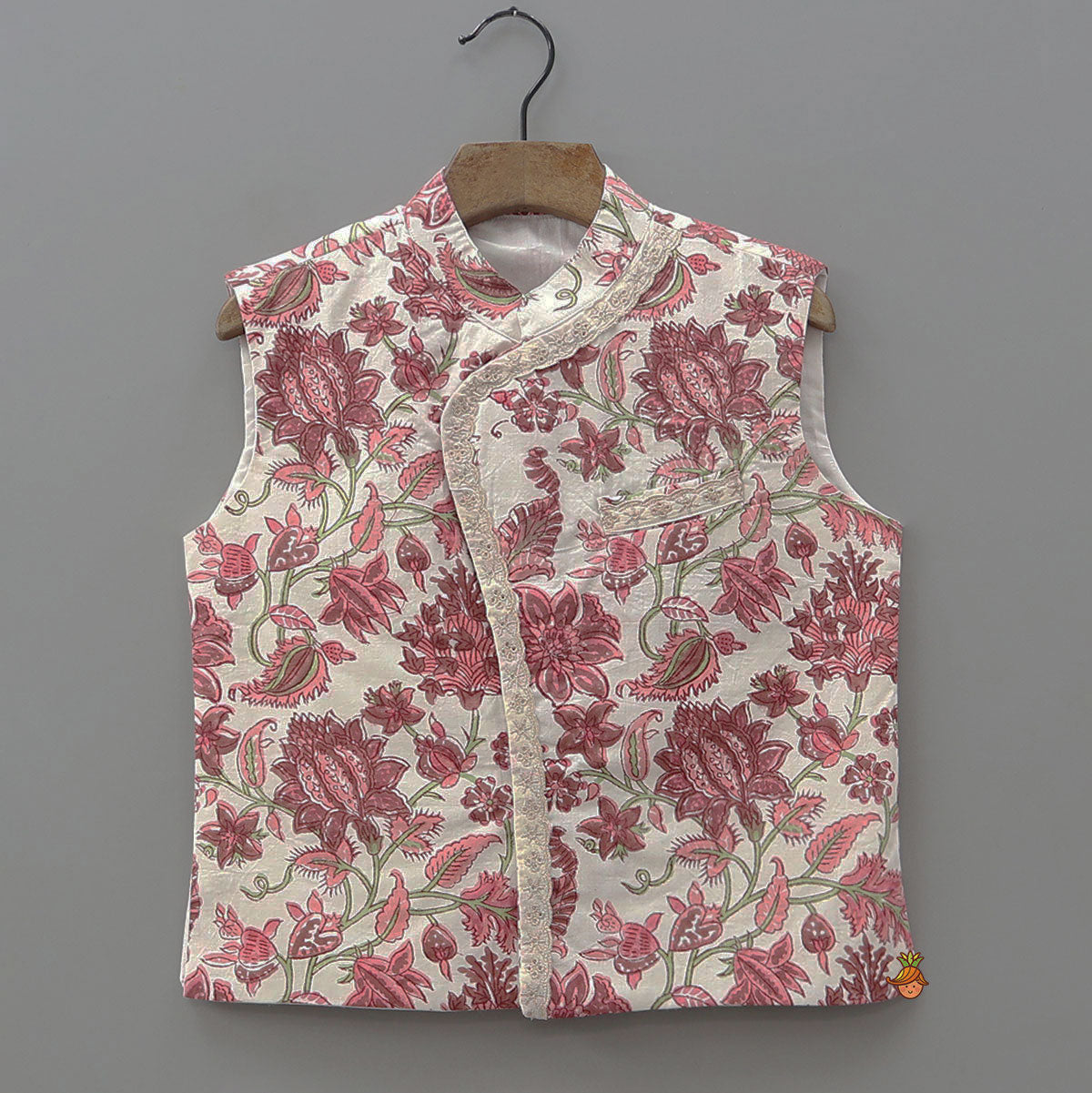 Floral Printed Kurta And Matching Jacket With Lurex Striped Dhoti