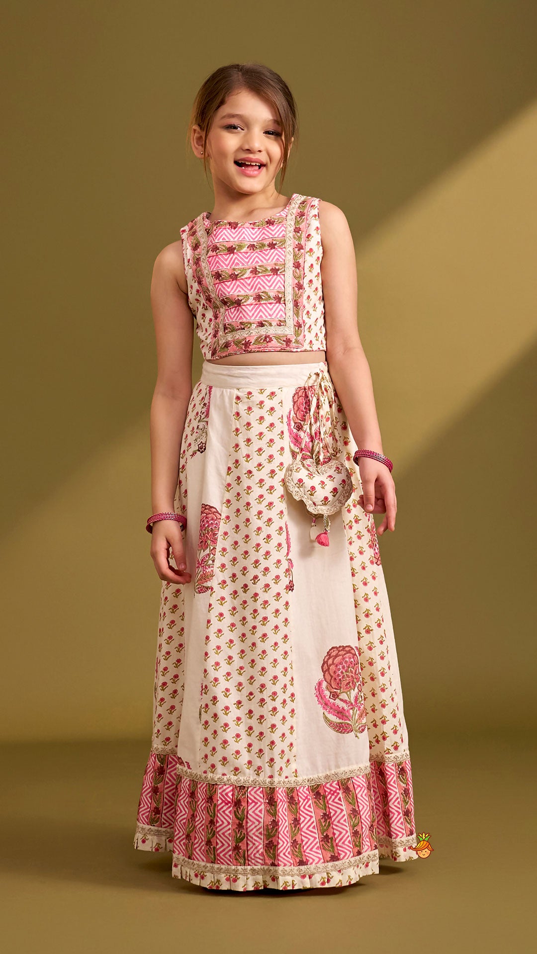 Hand Block Floral Printed Top And Pleated Hem Lehenga With Matching Dupatta