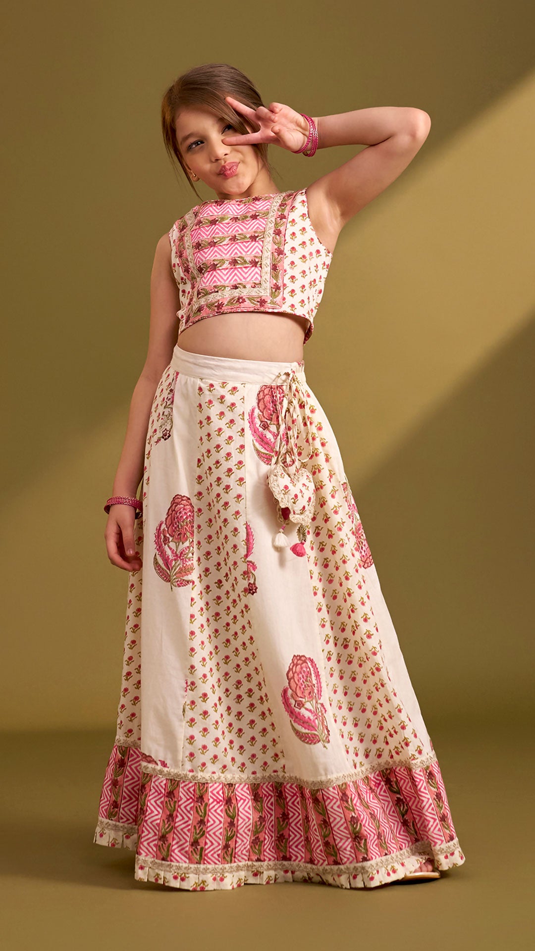 Hand Block Floral Printed Top And Pleated Hem Lehenga With Matching Dupatta