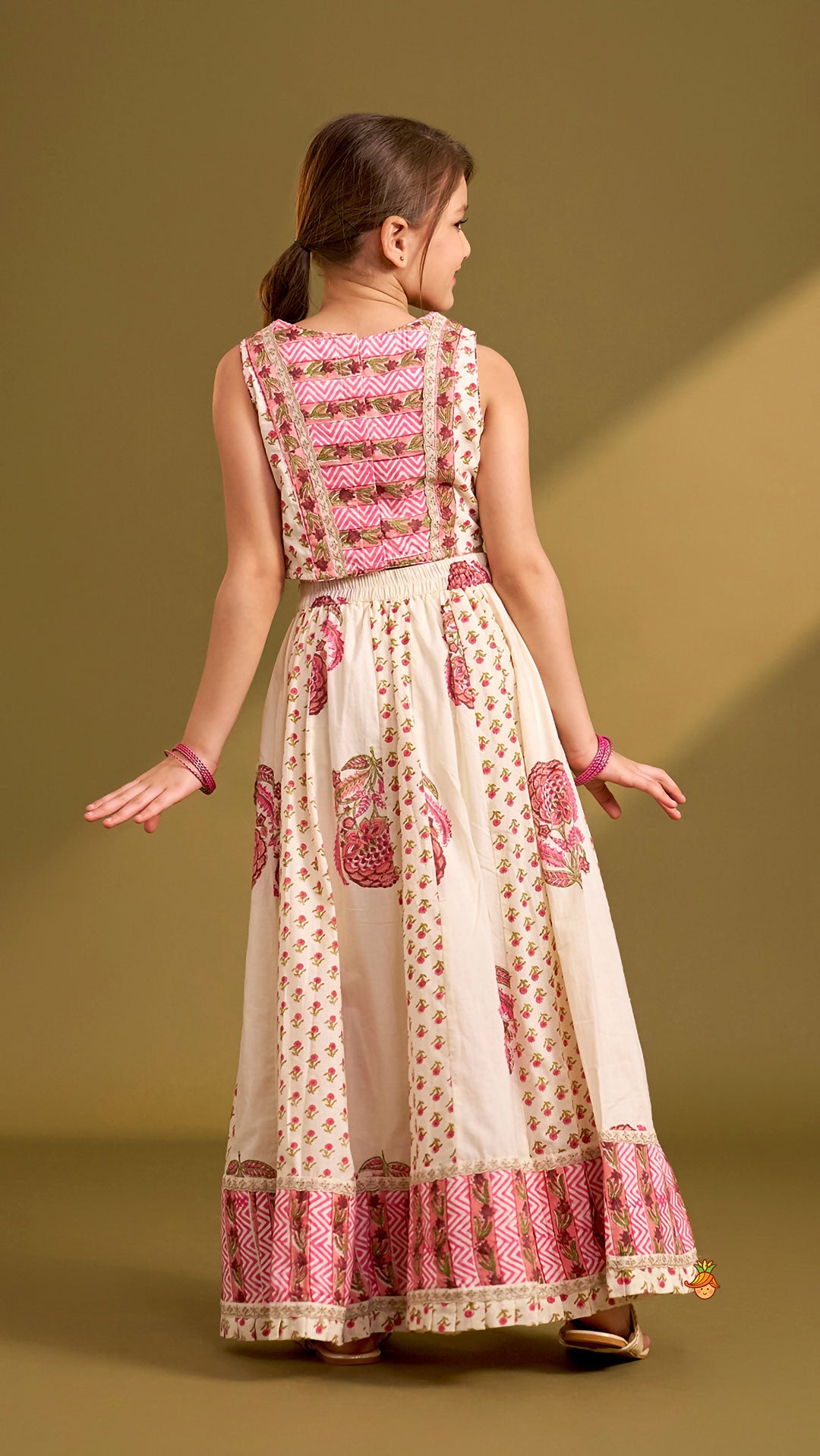 Hand Block Floral Printed Top And Pleated Hem Lehenga With Matching Dupatta