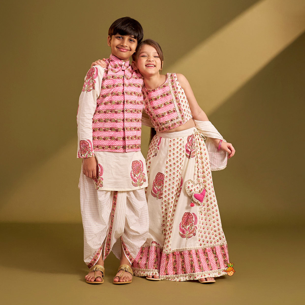 Ethnic Kurta And Chevron Printed Jacket With Matching Dhoti twinning model image 1