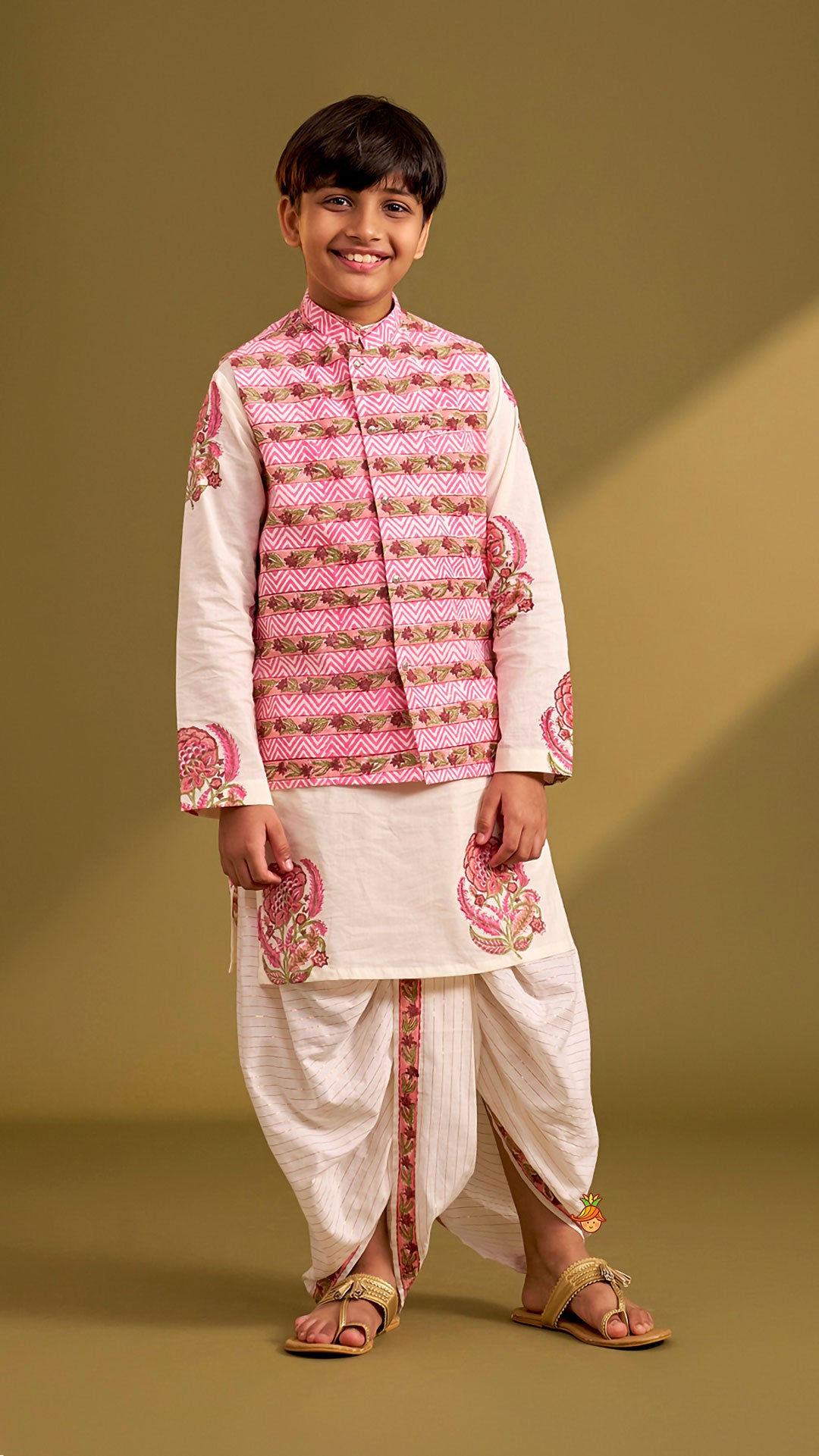 Ethnic Kurta And Chevron Printed Jacket With Matching Dhoti