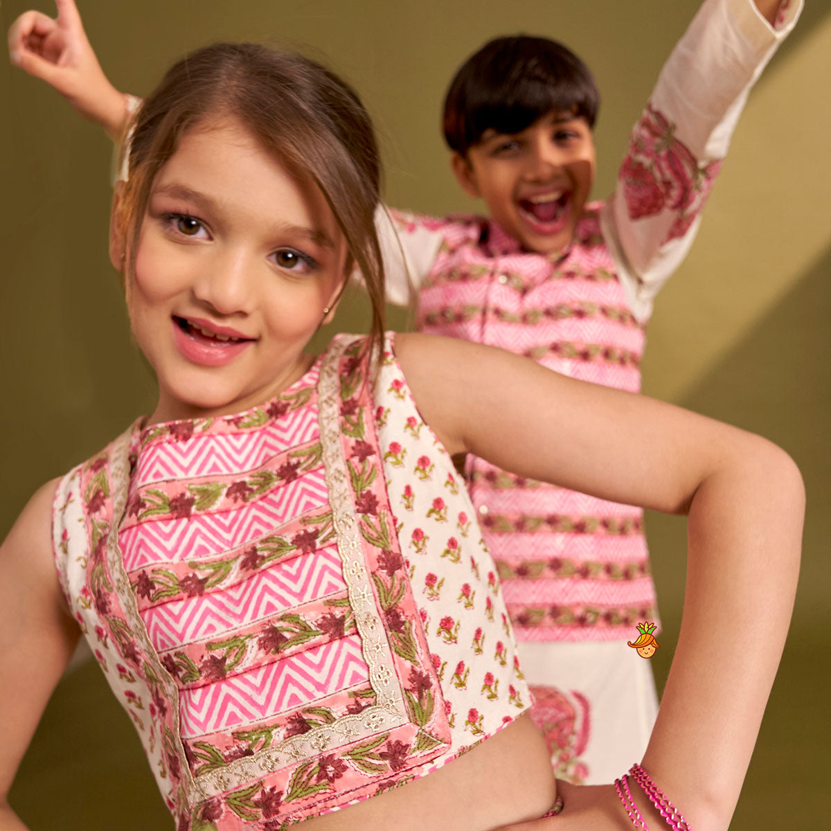 Ethnic Kurta And Chevron Printed Jacket With Matching Dhoti twinning model image 3