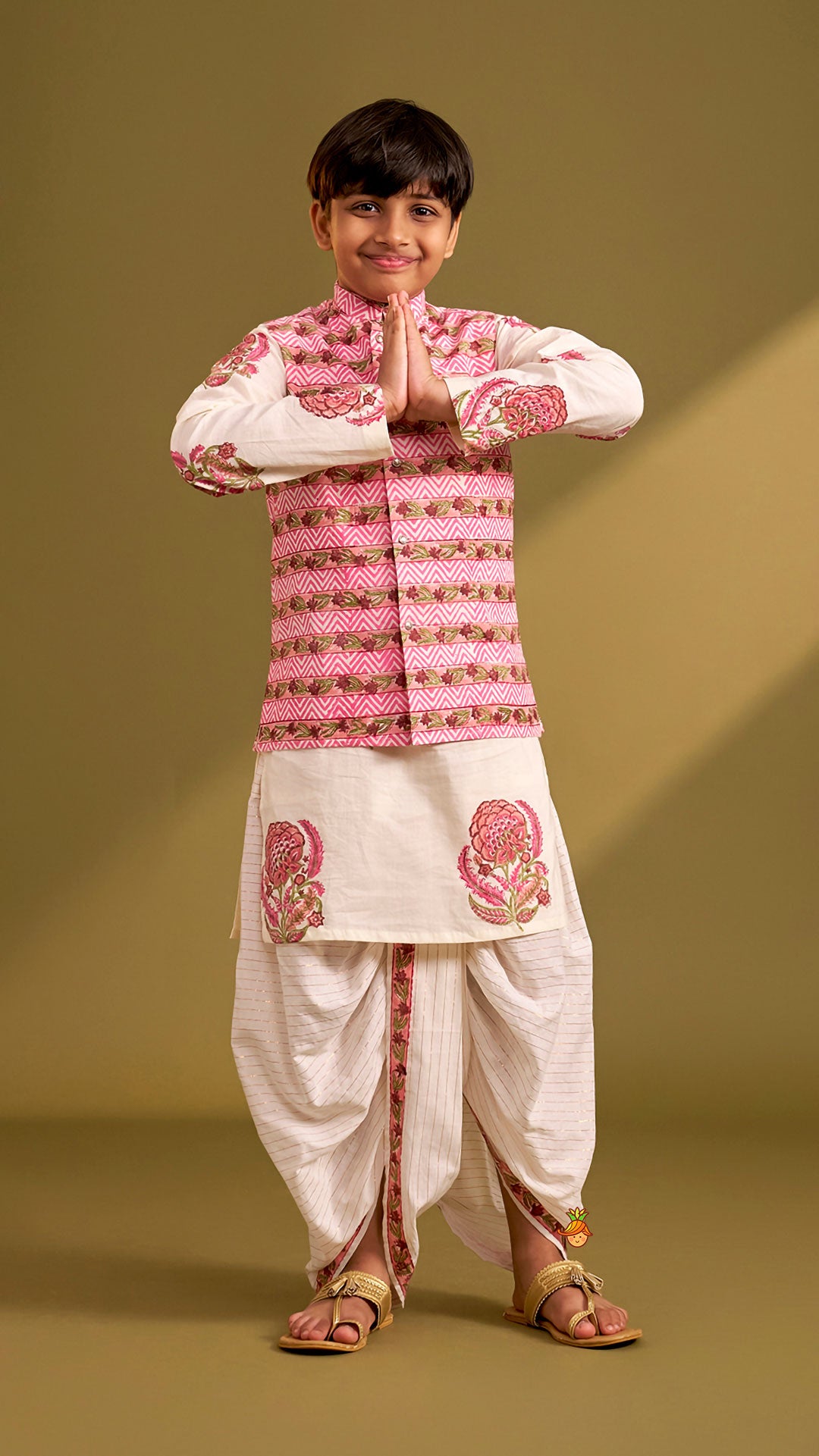 Ethnic Kurta And Chevron Printed Jacket With Matching Dhoti