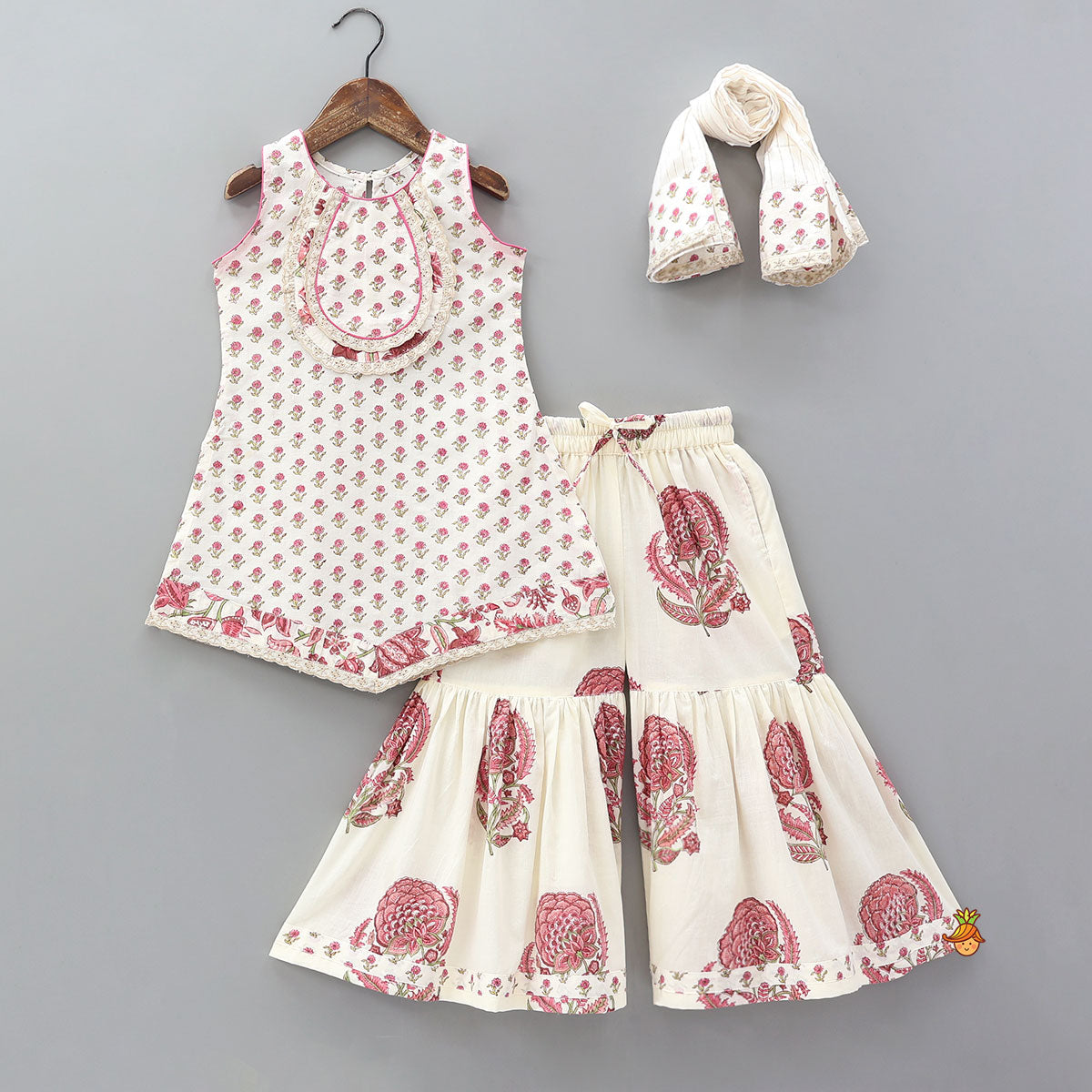 Floral Stylish Kurti And Insert Pocket Sharara With Matching Dupatta