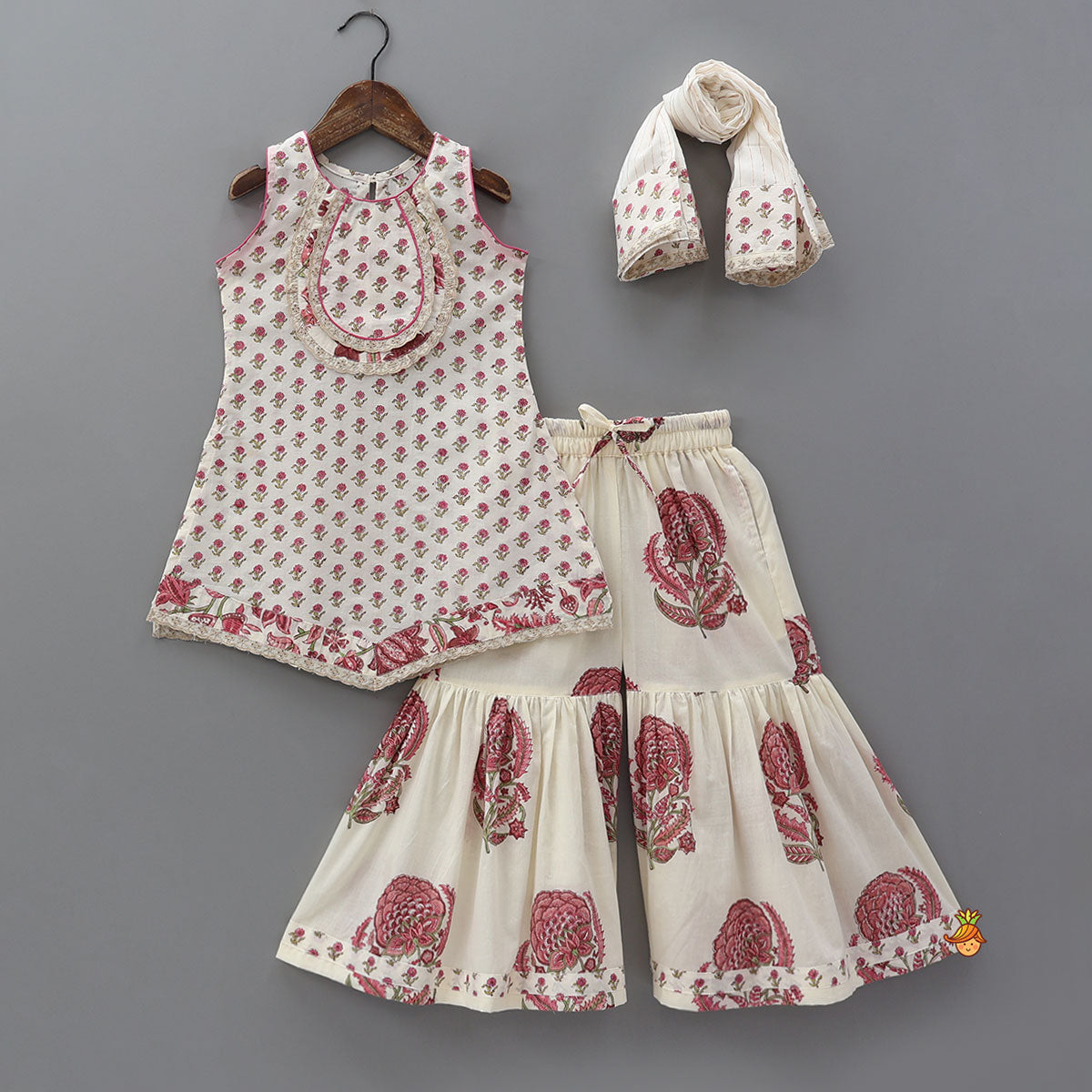 Floral Stylish Kurti And Insert Pocket Sharara With Matching Dupatta