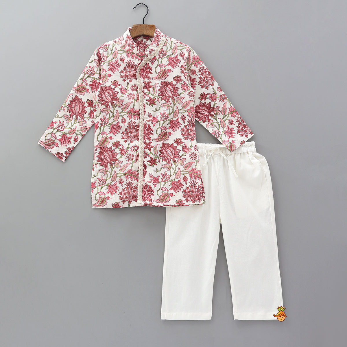 Hand Block Floral Printed Front Open Kurta And Pyjama