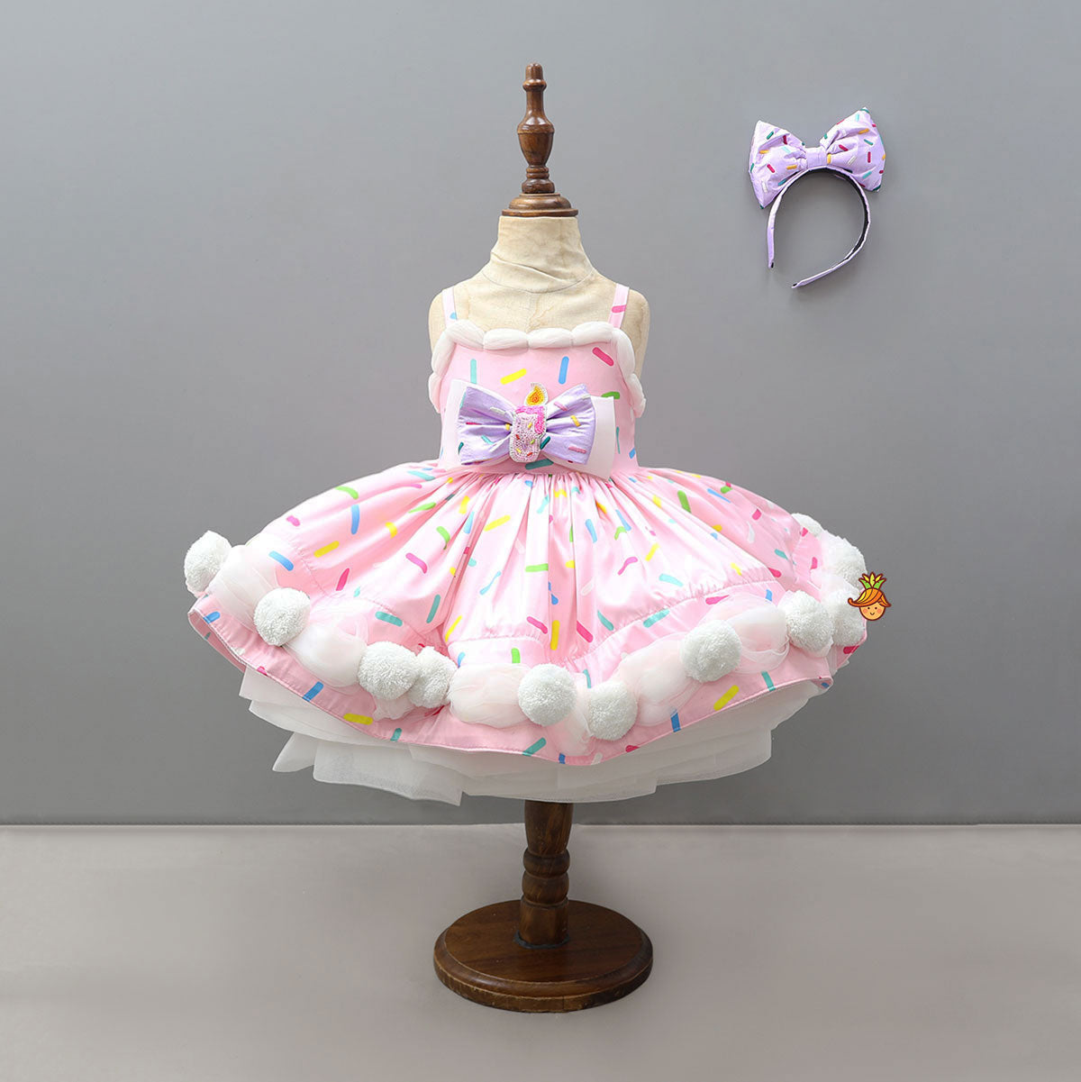Sprinkle Print Flared Pom-Pom Party Dress With Matching Bow Headband