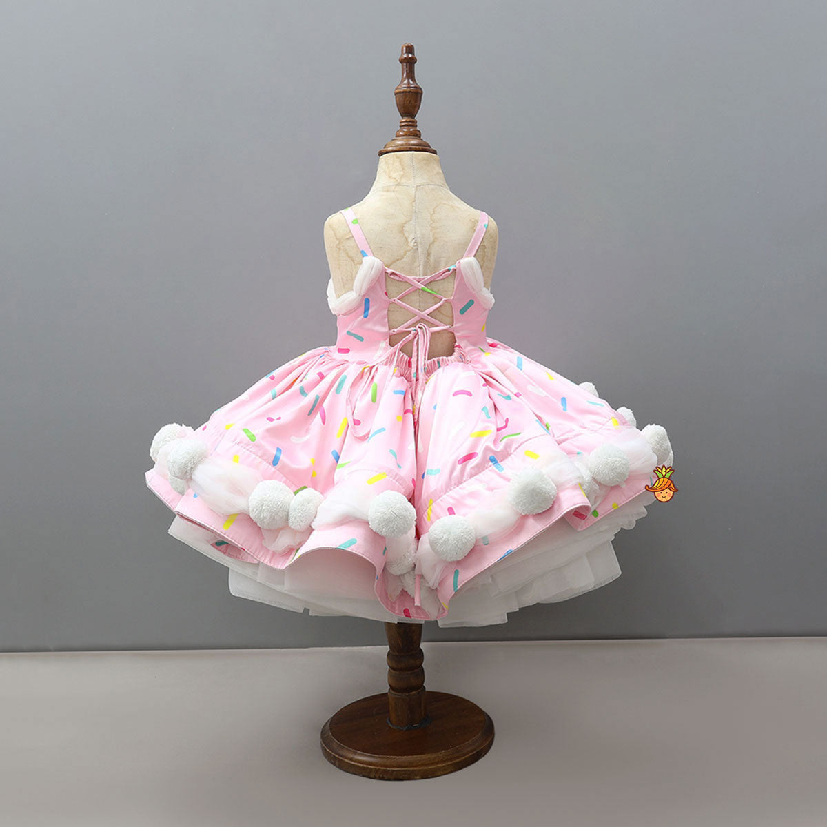 Sprinkle Print Flared Pom-Pom Party Dress With Matching Bow Headband
