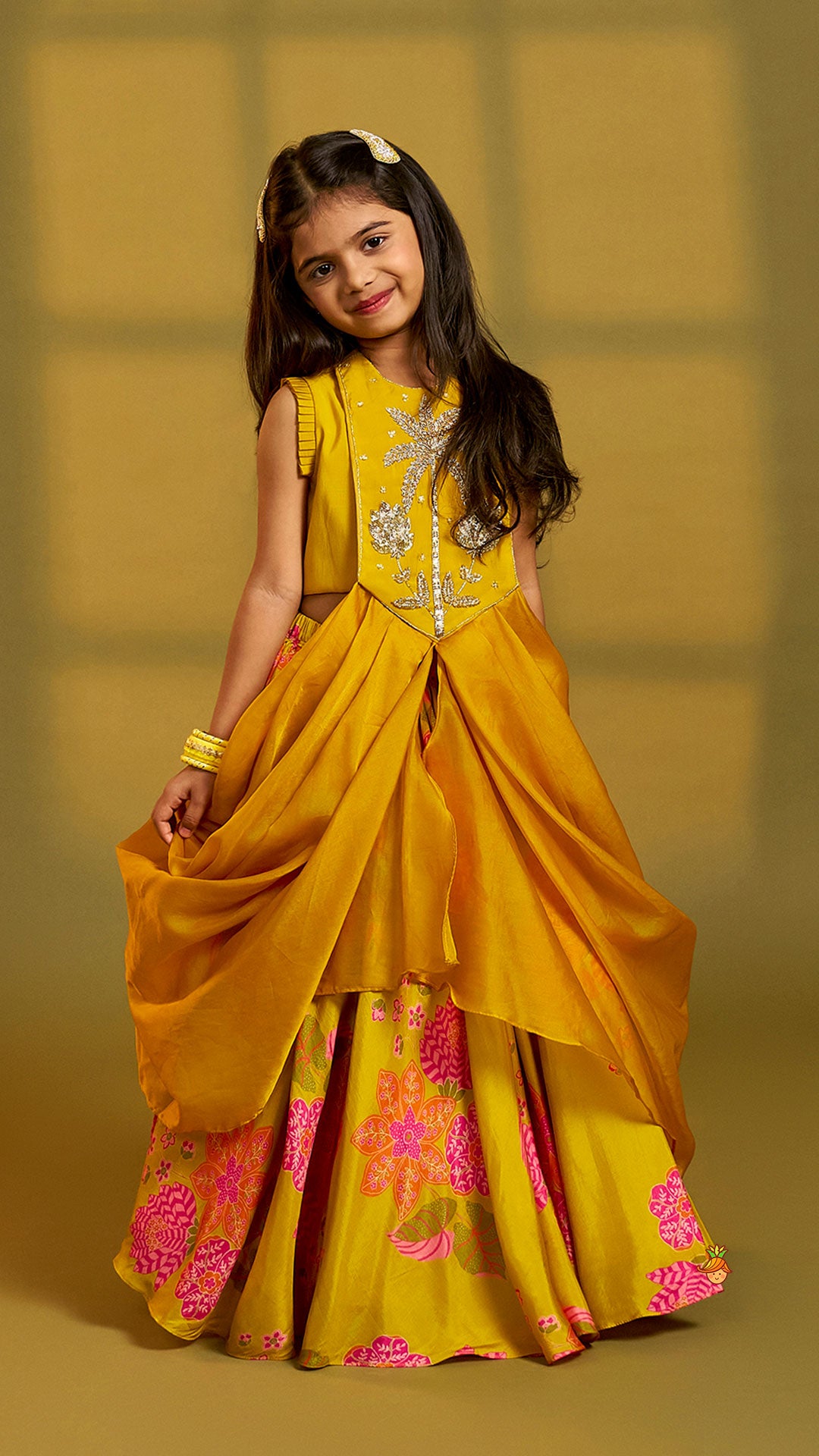 Stylish Pleated Drape Top And Printed Lehenga