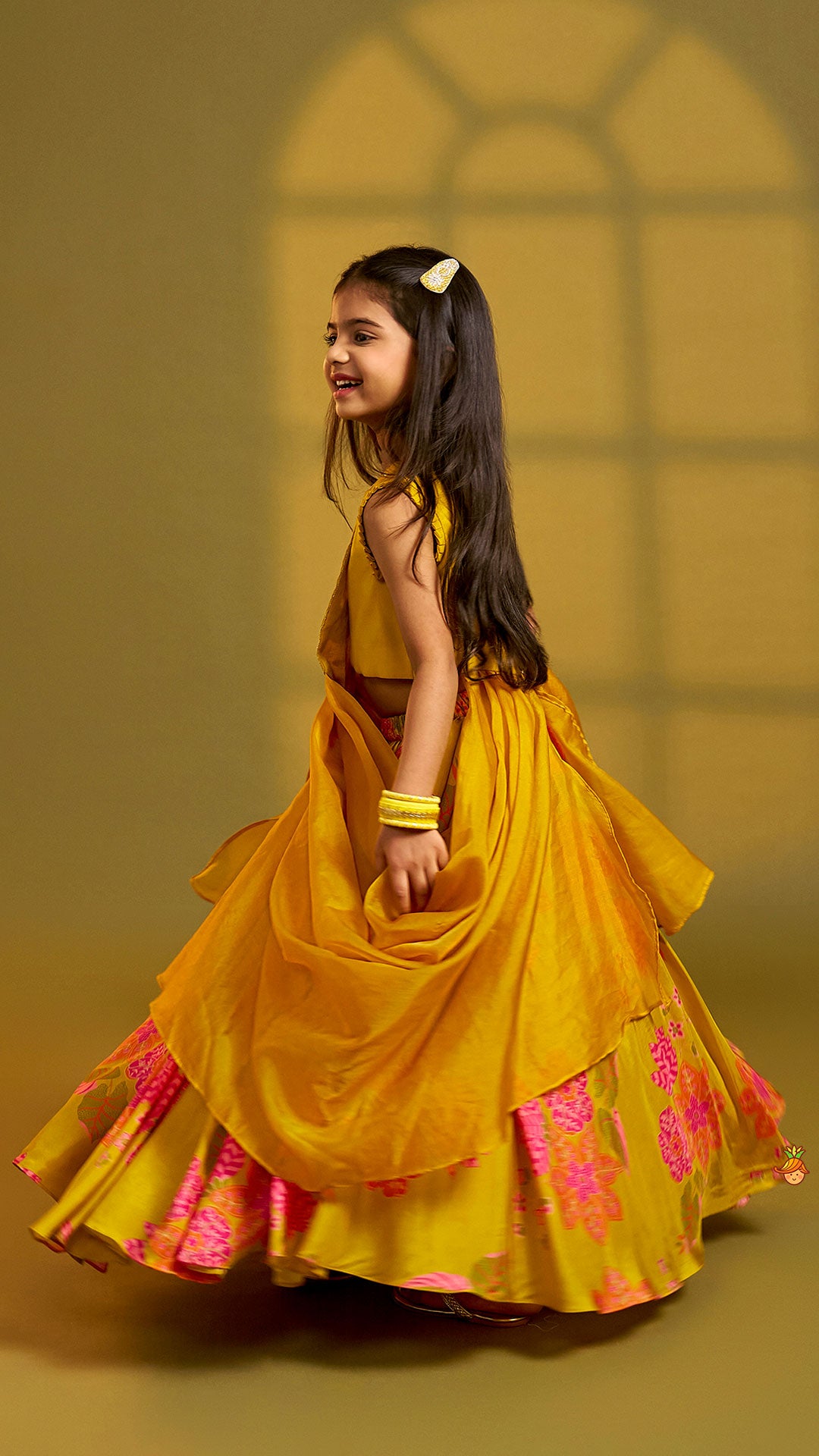 Stylish Pleated Drape Top And Printed Lehenga