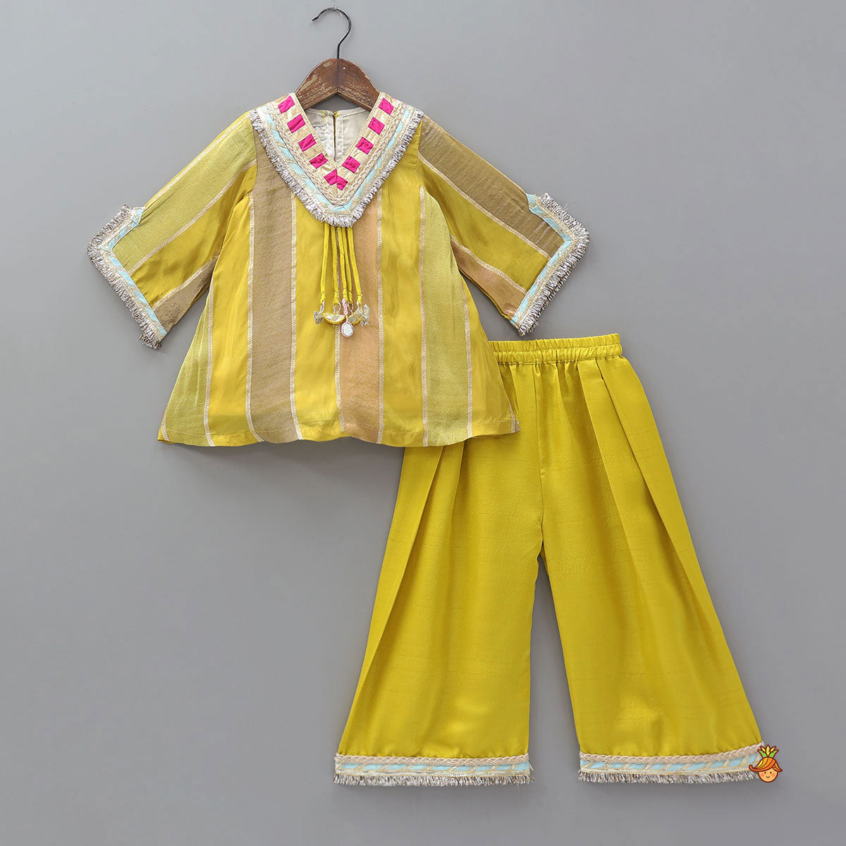 Striped A-Line Kurta With Tassel Details And Palazzo