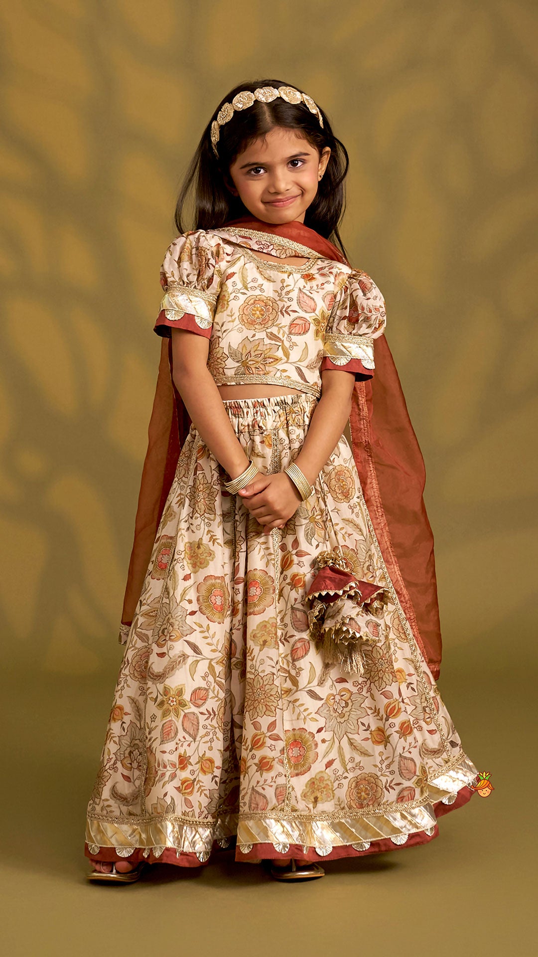 Round Neck Floral Top And Lace Work Lehenga With Matching Dupatta