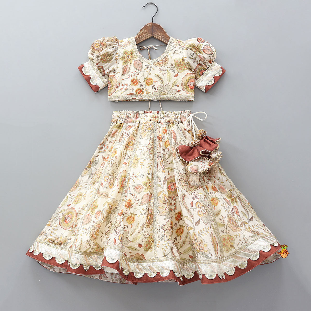 Round Neck Floral Top And Lace Work Lehenga With Matching Dupatta