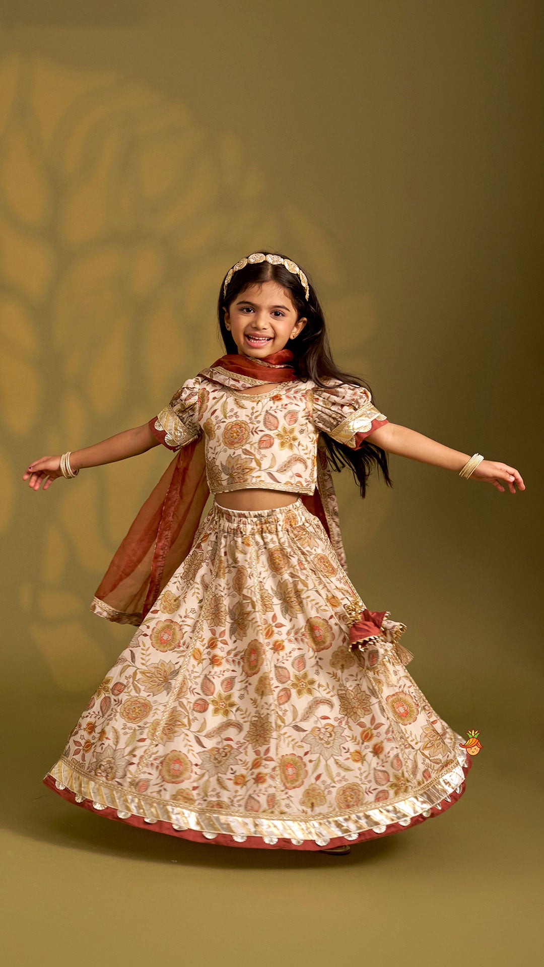 Round Neck Floral Top And Lace Work Lehenga With Matching Dupatta
