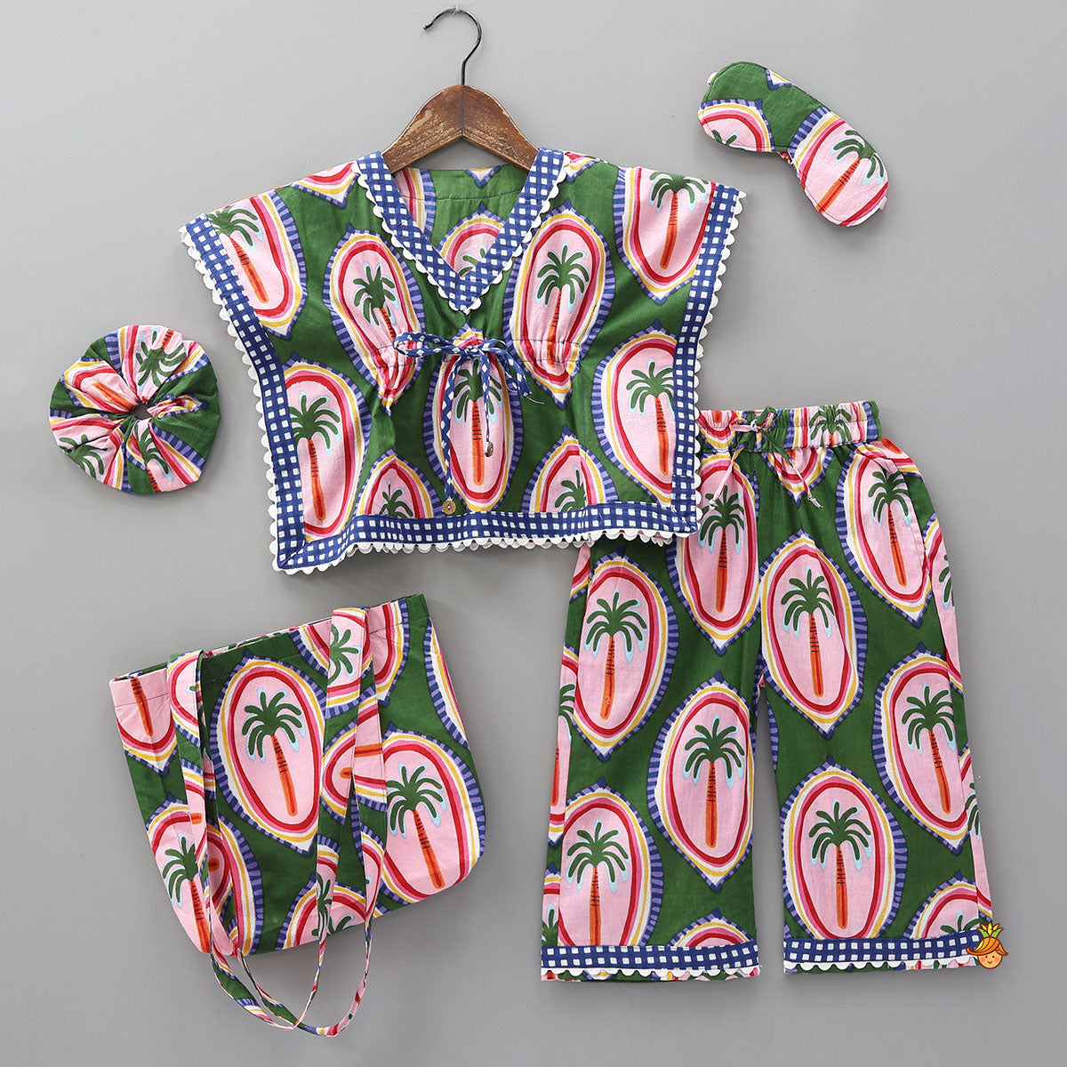 Tropical Tree Print Kaftan And Pyjama With Matching Tote Bag, Eye Mask And Scrunchie