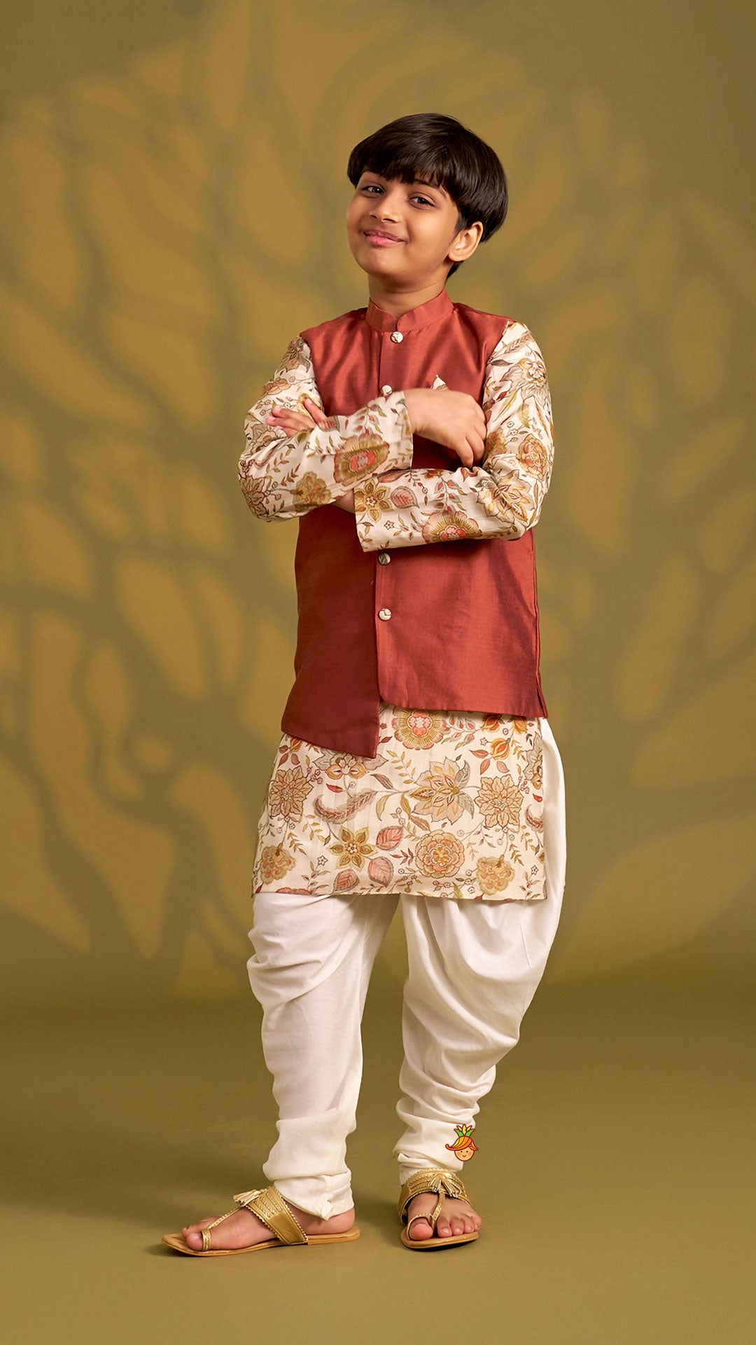 Printed Kurta With Asymmetric Jacket And Churidar