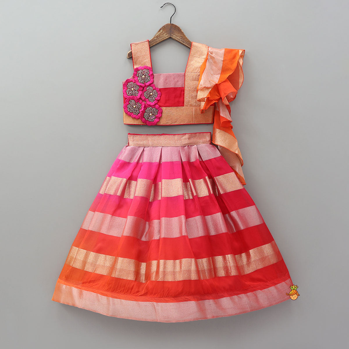 Floral Applique And Shimmery Striped Crop Top With Lehenga