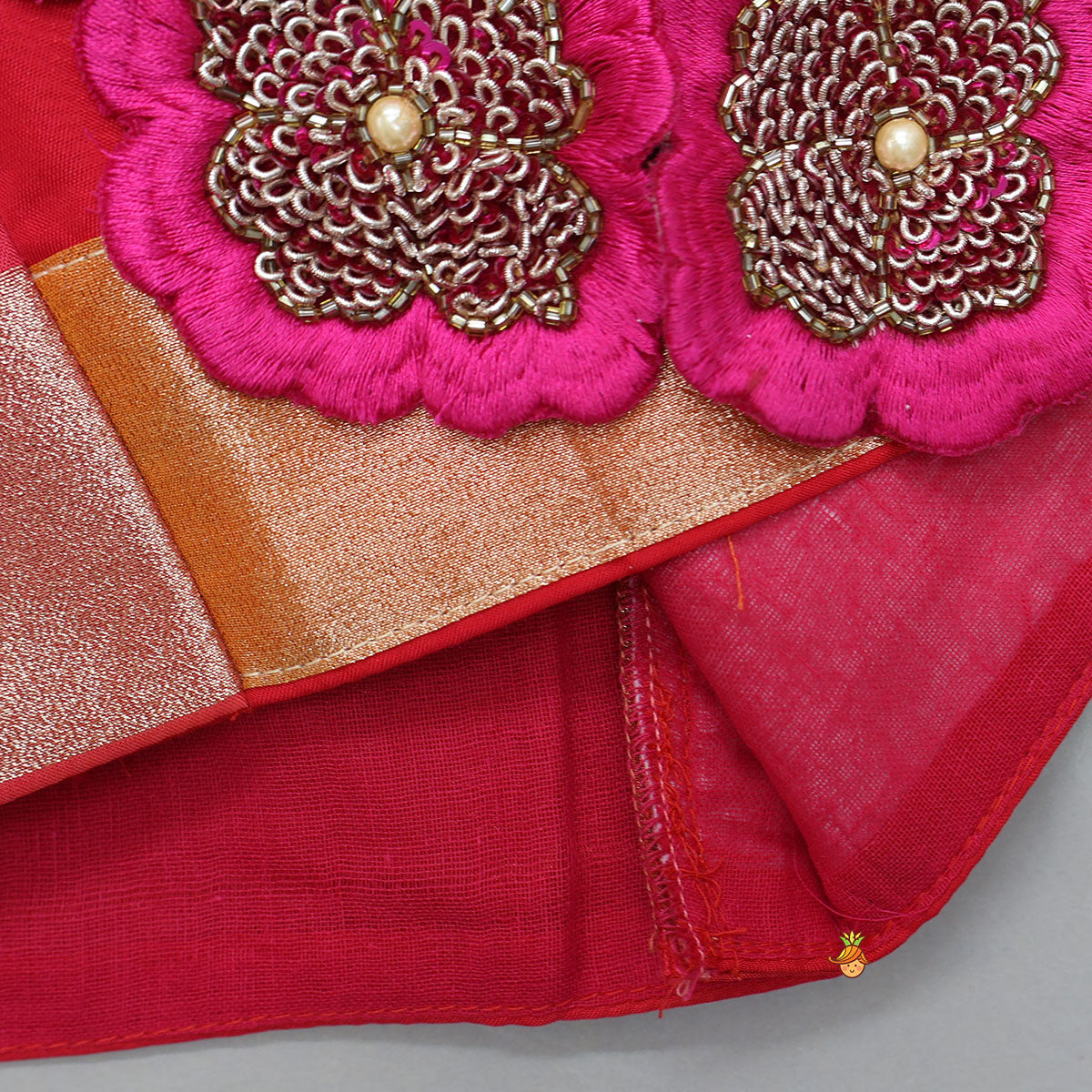 Floral Applique And Shimmery Striped Crop Top With Lehenga