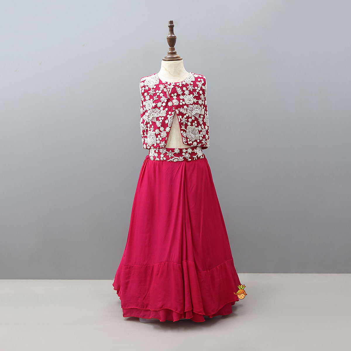 Stylish Front-Cut Top With Pleated Lehenga And Dupatta