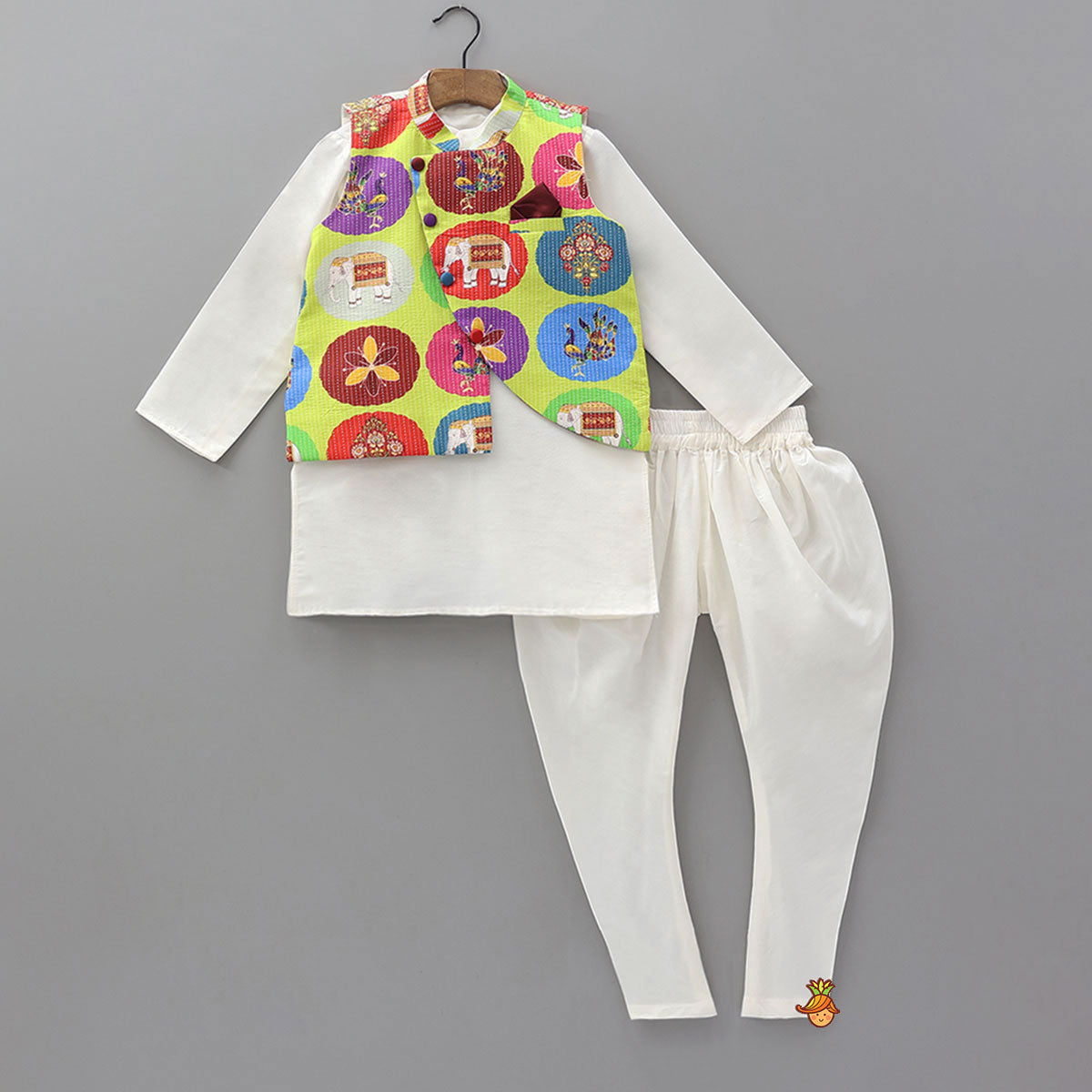 Kurta With Ethnic Printed Thread Work Jacket And Churidar