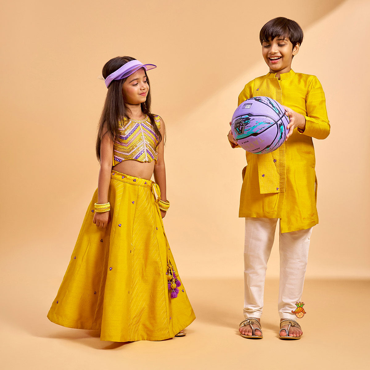 Faux Mirror Work Asymmetric Kurta And Pyjama twinning model image 2