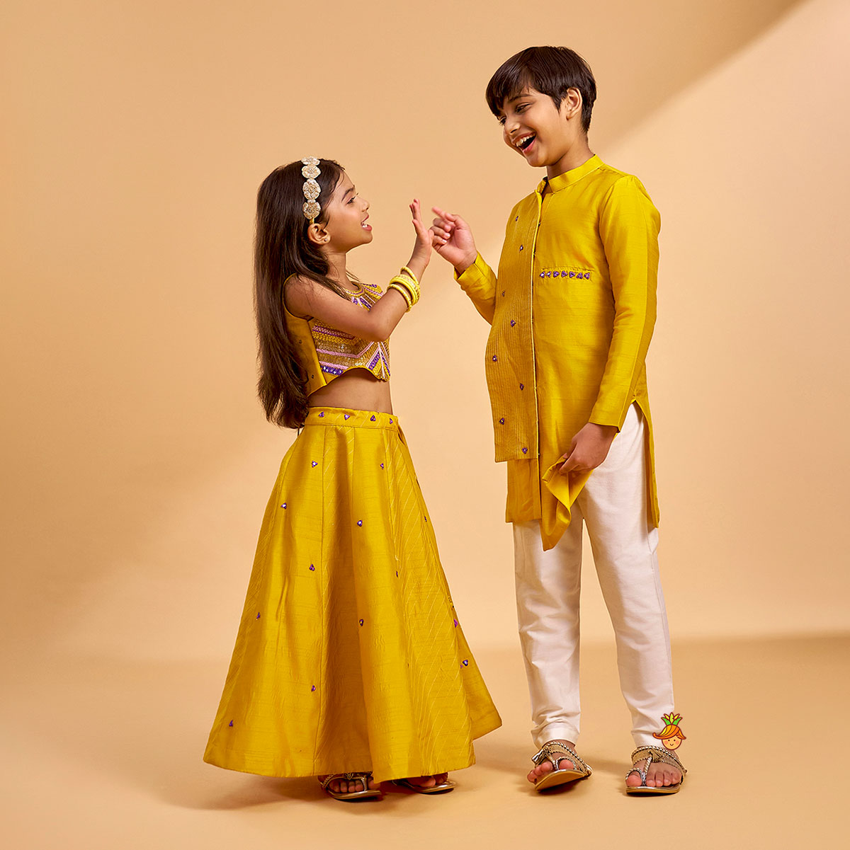 Faux Mirror Work Asymmetric Kurta And Pyjama twinning model image 3