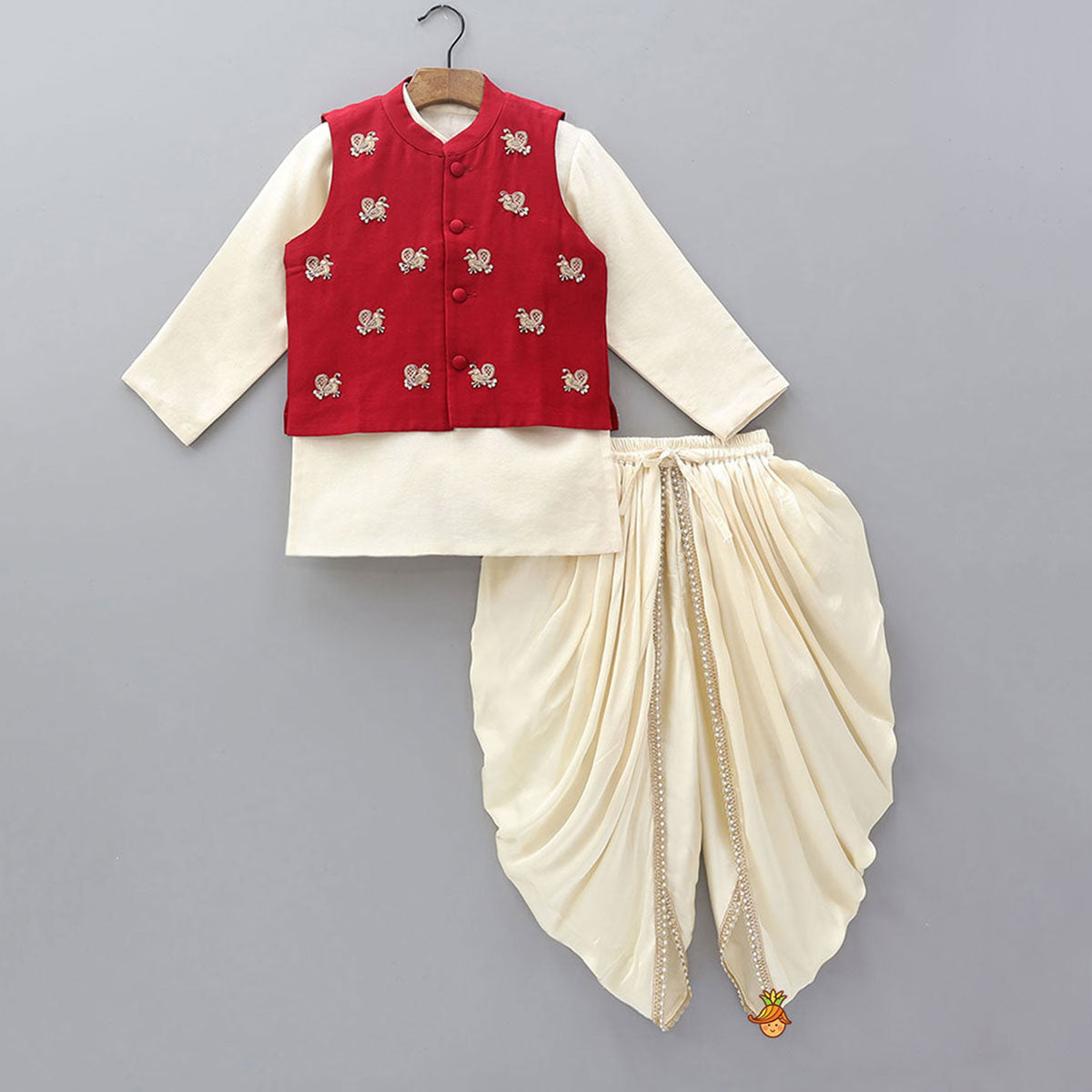 Pin Tuck Front Placket Kurta With Hand Embroidered Jacket And Pleated Dhoti