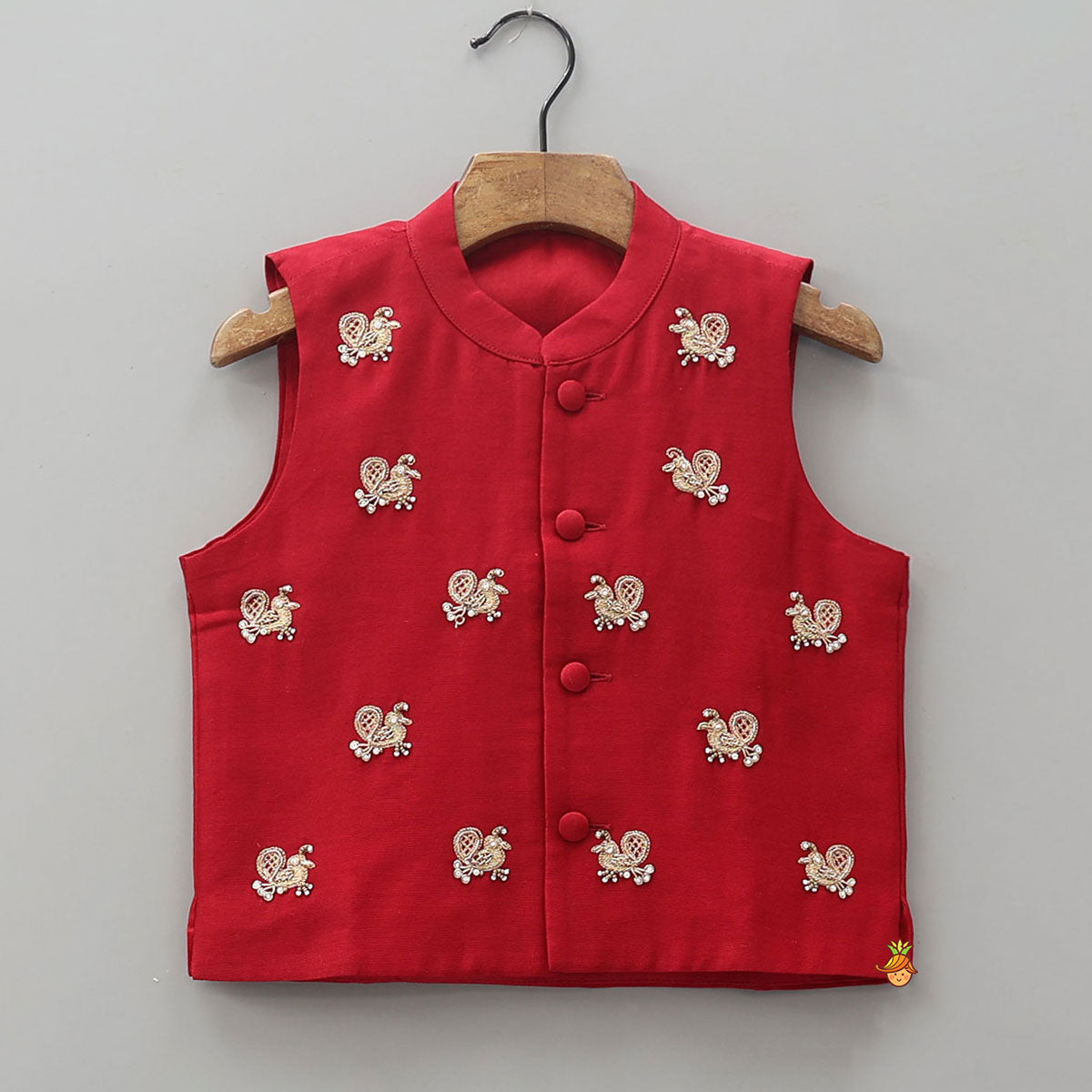 Pin Tuck Front Placket Kurta With Hand Embroidered Jacket And Pleated Dhoti