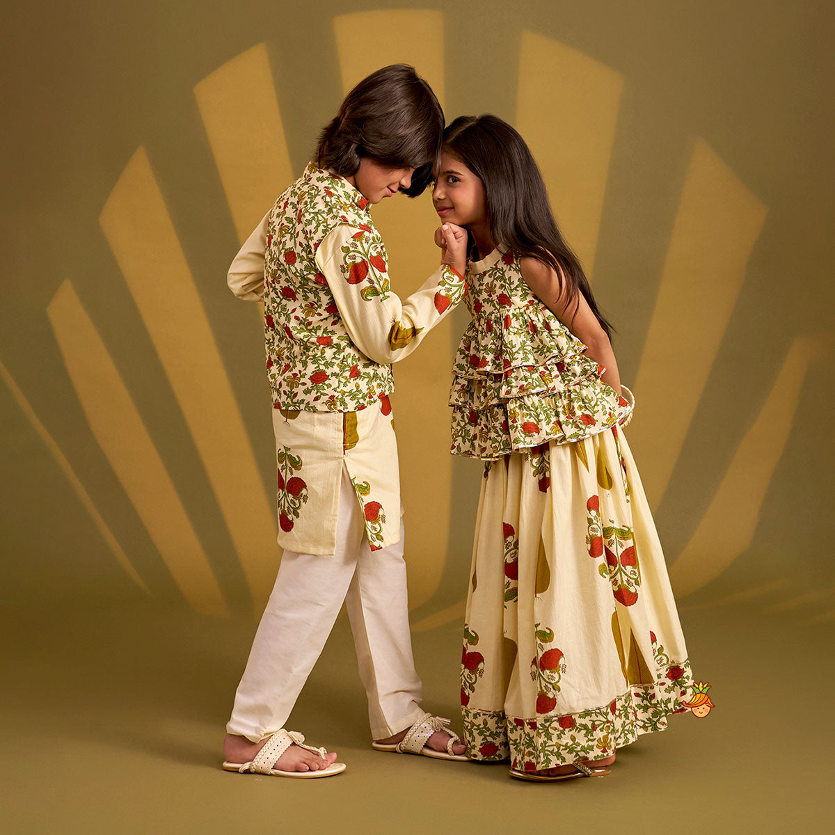 Triple Layered Printed Top And Lehenga twinning model image 4