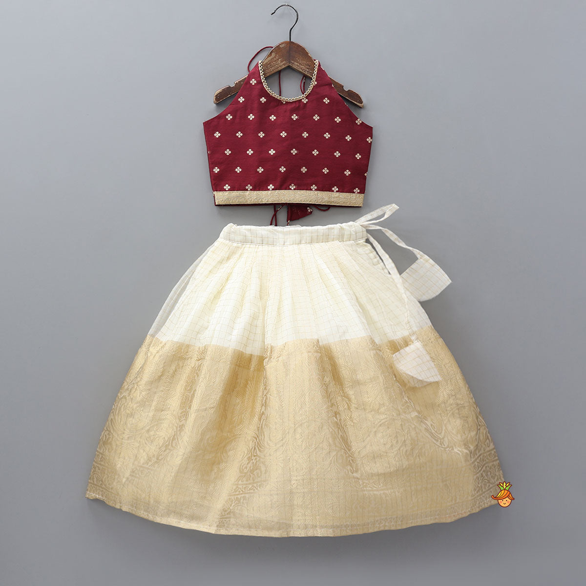 Floral Motif Embellished Halter Neck Crop Top With Organza Lehenga