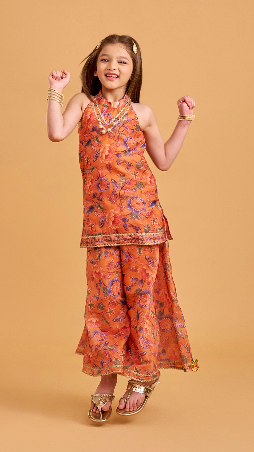 Floral Print Sleeveless Kurti With Palazzo And Contrasting Dupatta