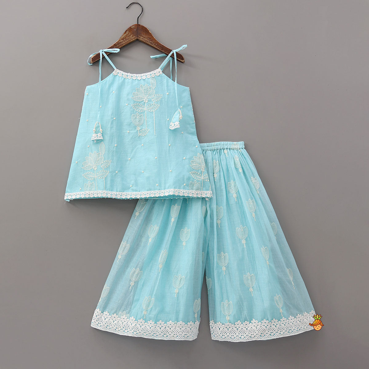Floral Thread Embroidered Tie-Up Strap Kurti With Palazzo