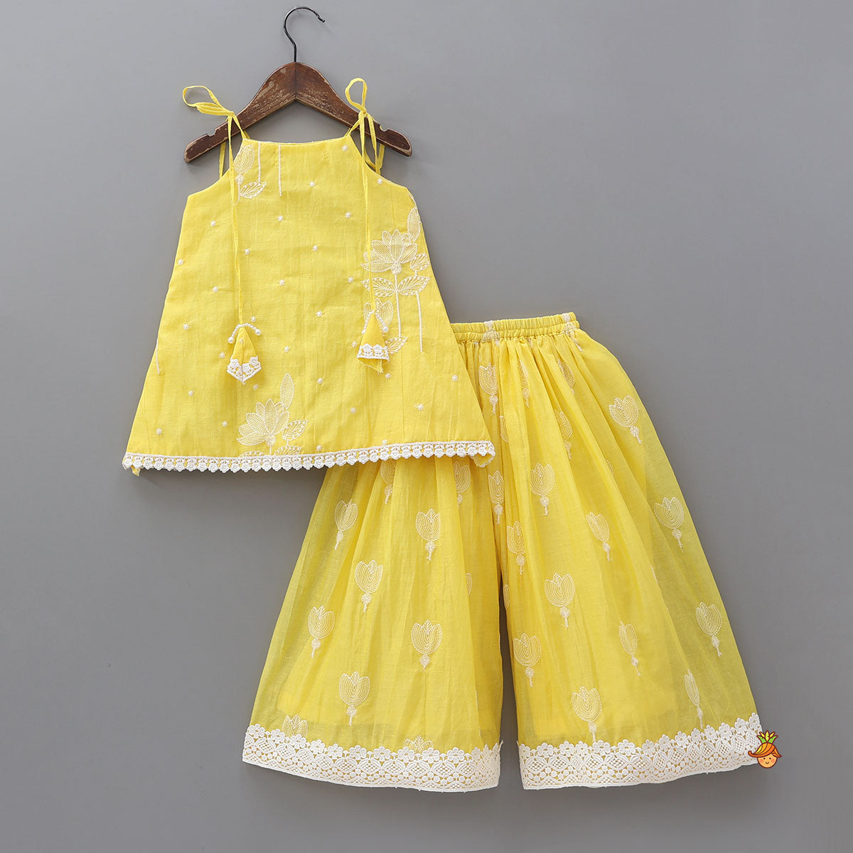 Thread Embroidered Tie-Up Strap Kurti And Palazzo