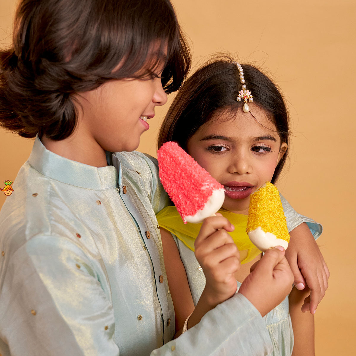 Layered Shimmery Kurti And Sharara With Contrasting Dupatta twinning model image 3