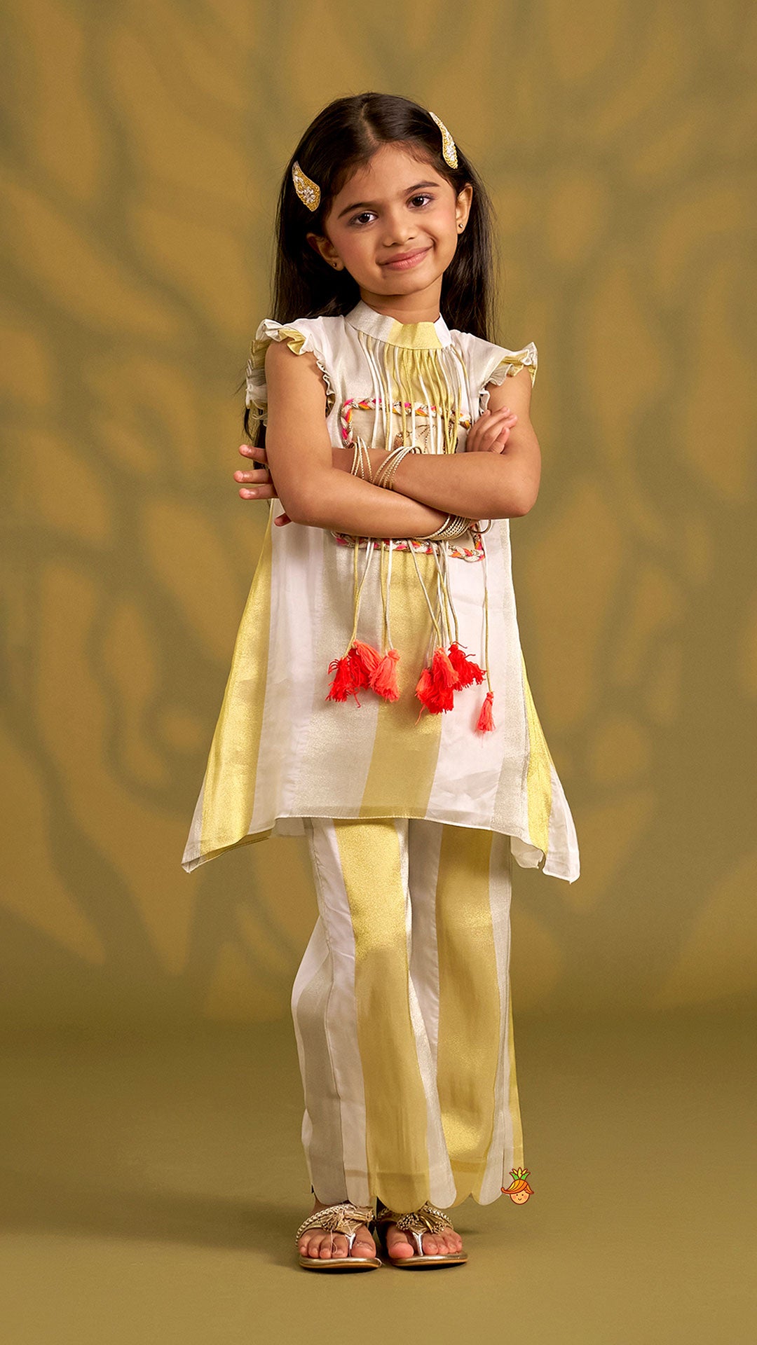 Tassels And Embroidered Patchwork Detailed Striped Top And Palazzo