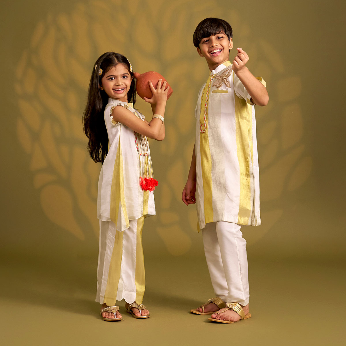 Sheen Floral Patchwork Stripe Kurta With Pyjama twinning model image 1