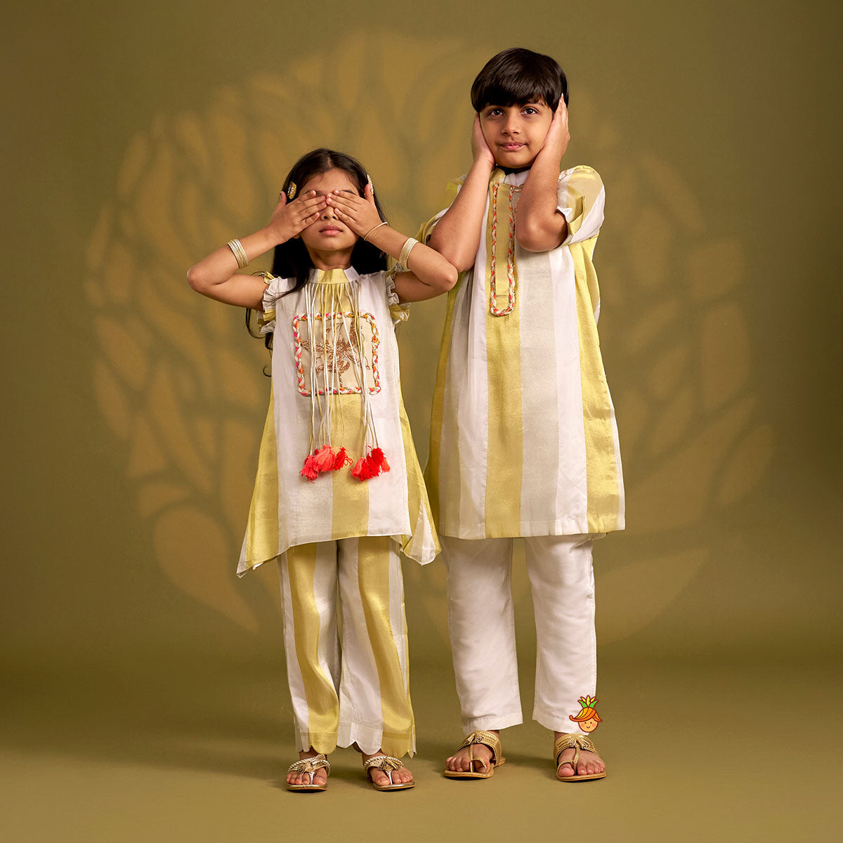 Sheen Floral Patchwork Stripe Kurta With Pyjama twinning model image 2