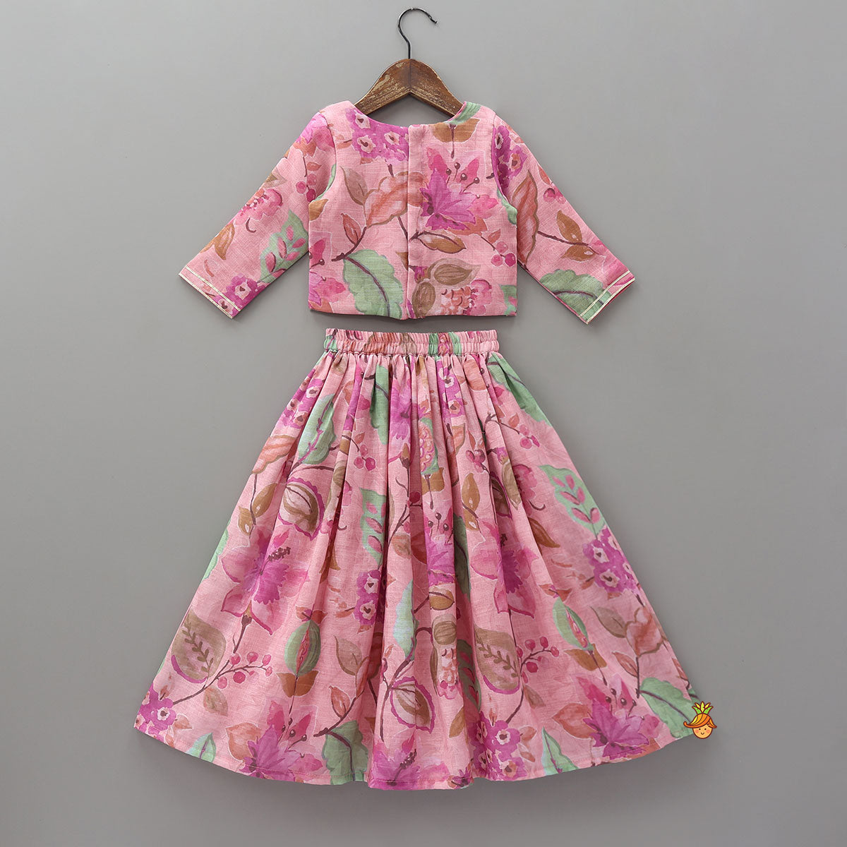 Pleated Yoke Floral Printed Top And Lehenga With Net Dupatta