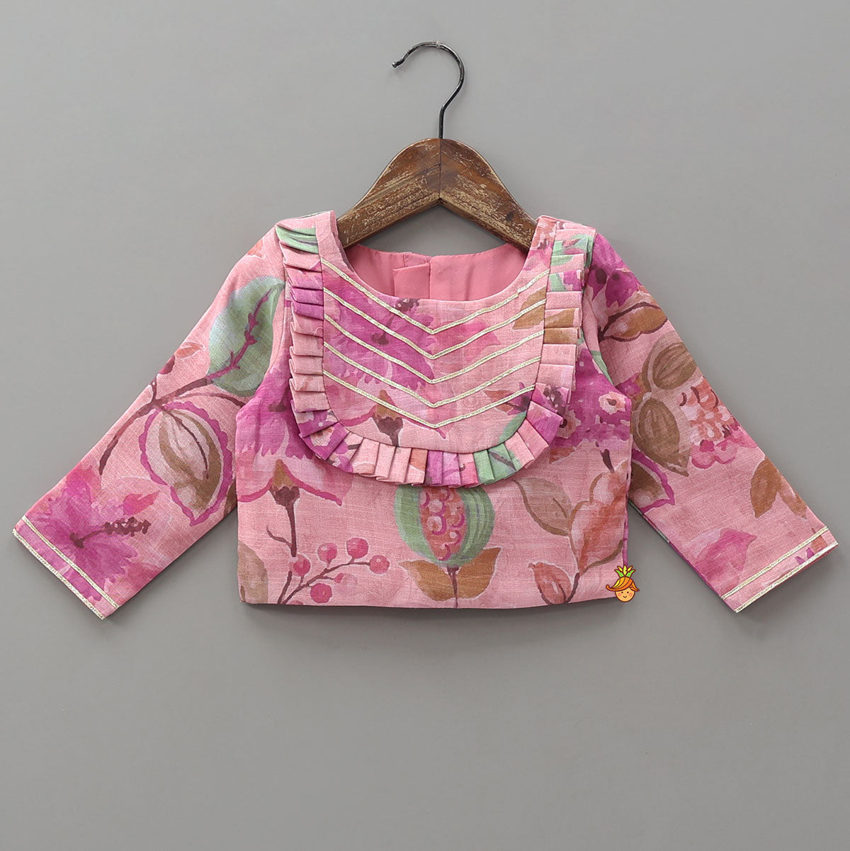 Pleated Yoke Floral Printed Top And Lehenga With Net Dupatta