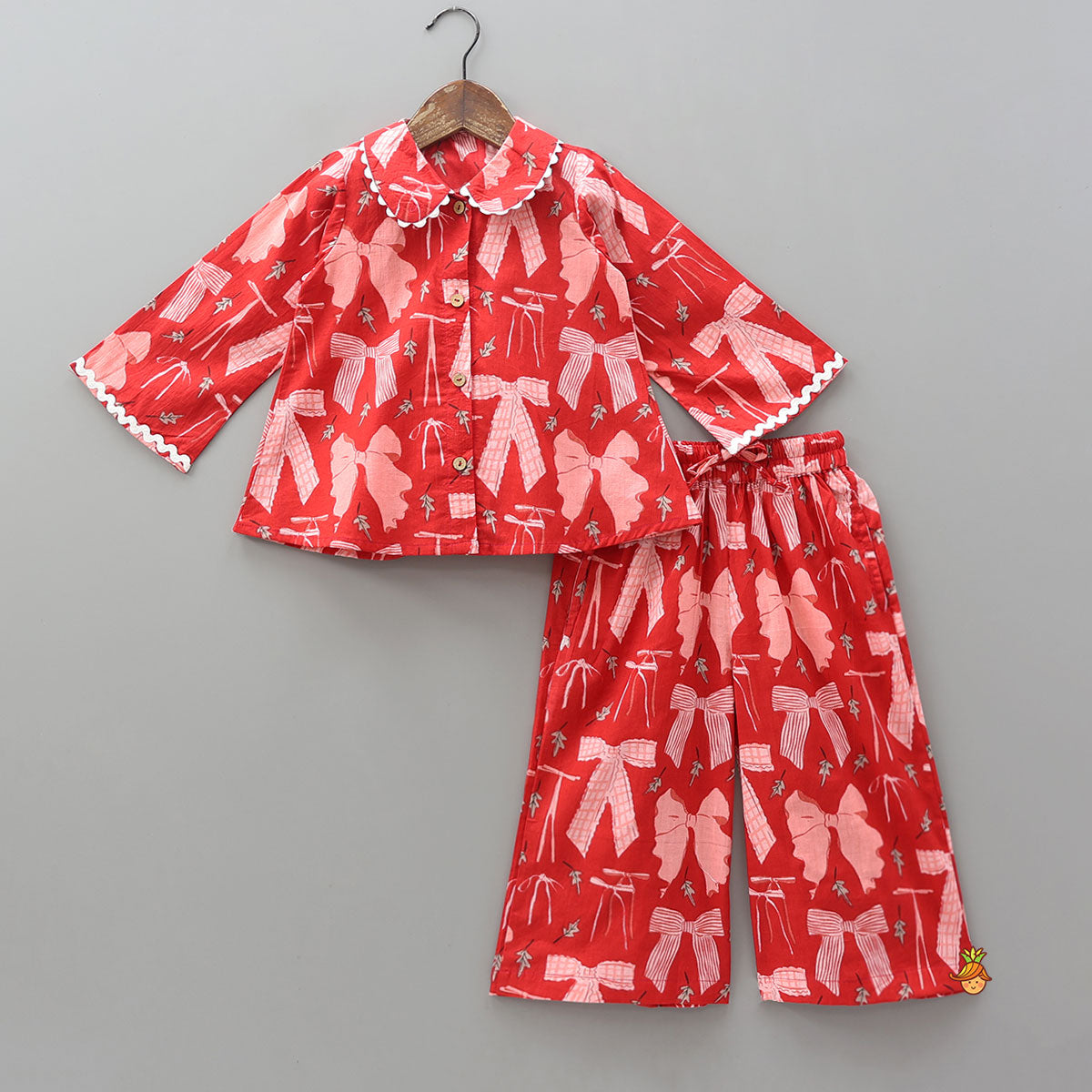 Hand Block Printed Sleepwear Set With Scalloped Lace Details