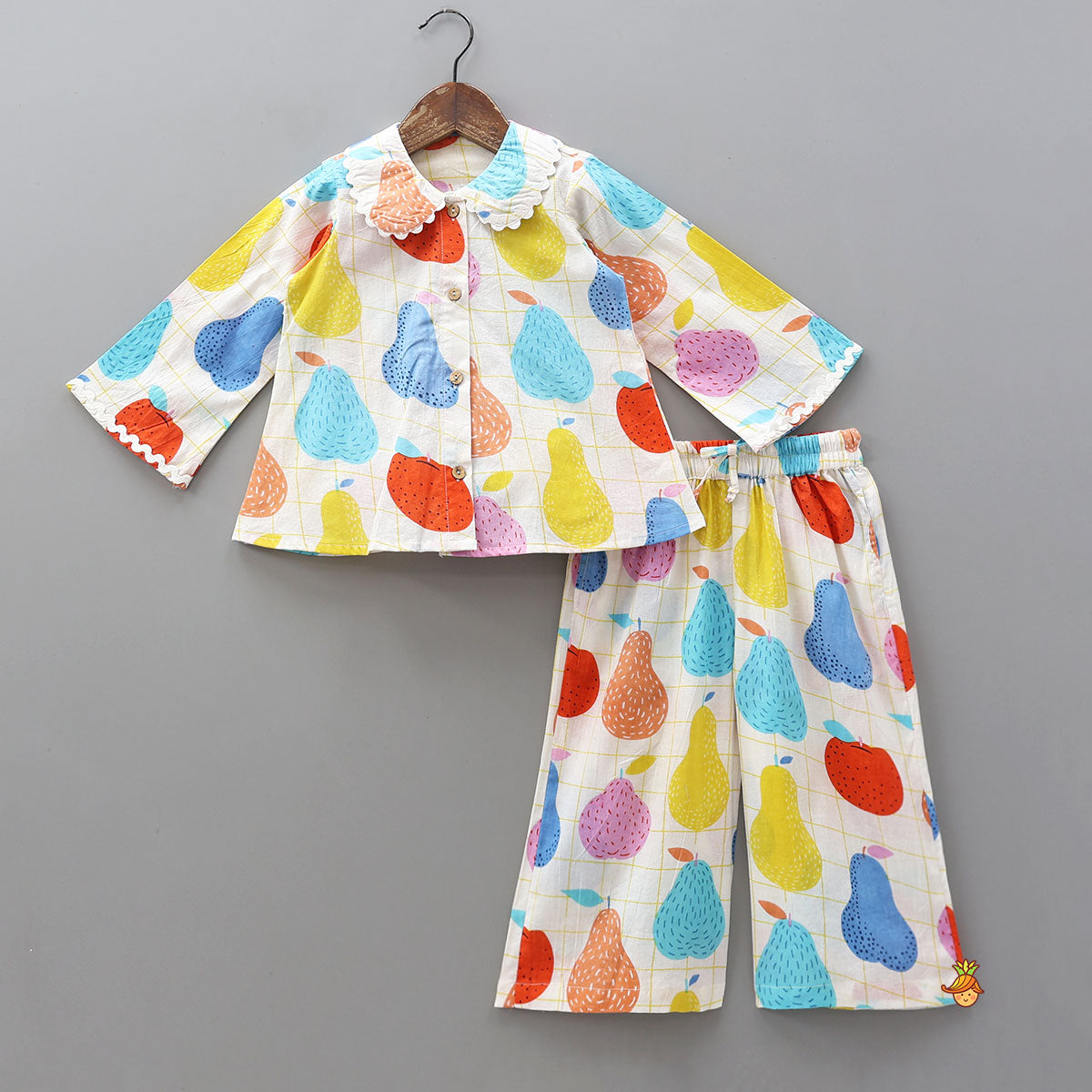 Hand Block Printed Checkered Sleepwear Set With Scalloped Lace Detailing