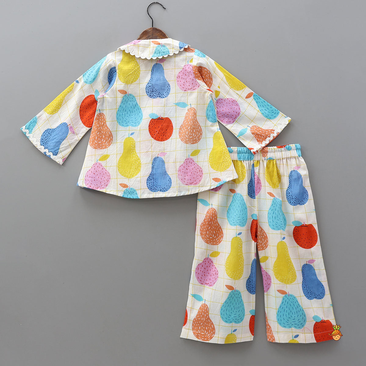 Hand Block Printed Checkered Sleepwear Set With Scalloped Lace Detailing
