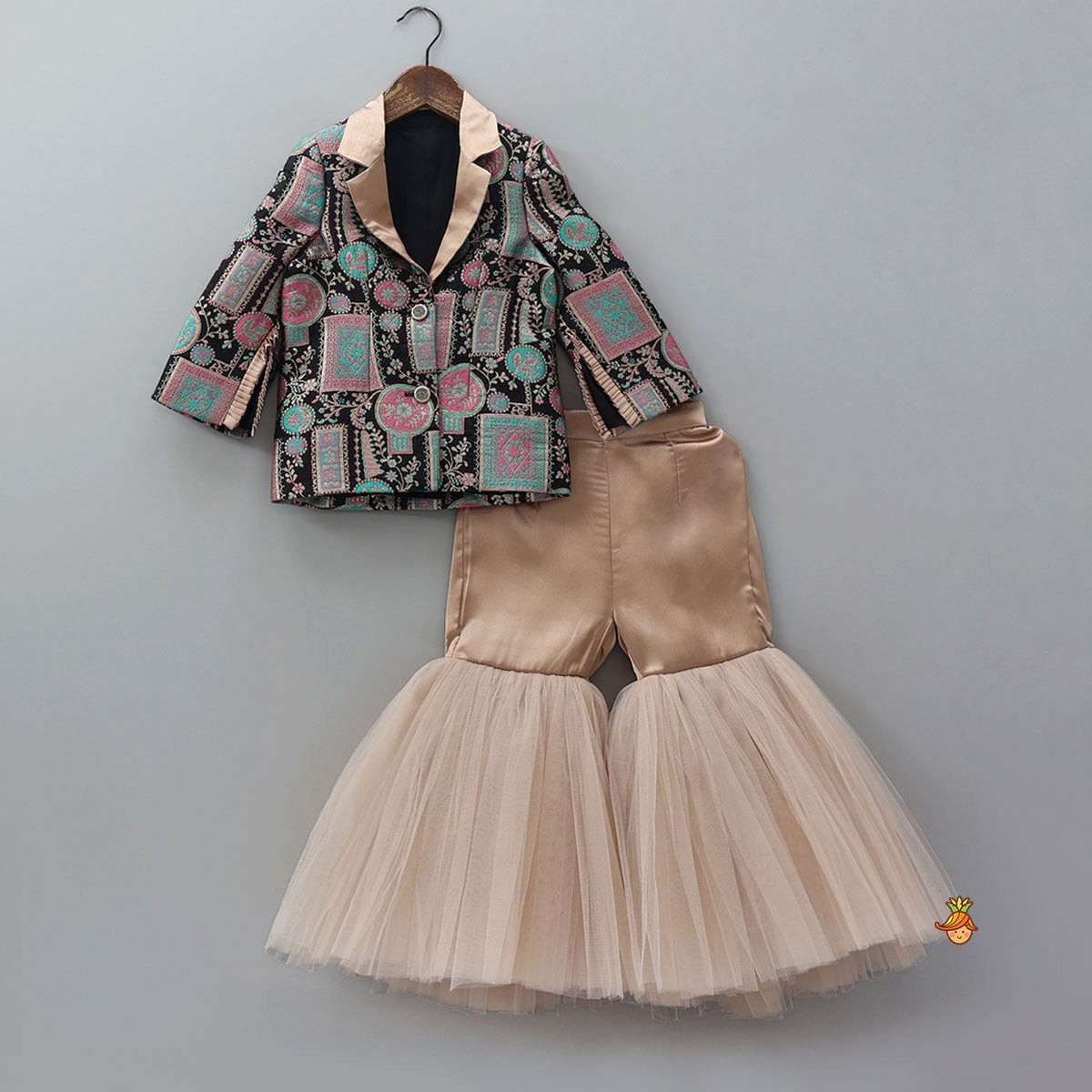 Noted Collar Jacket Style Top And Net Sharara