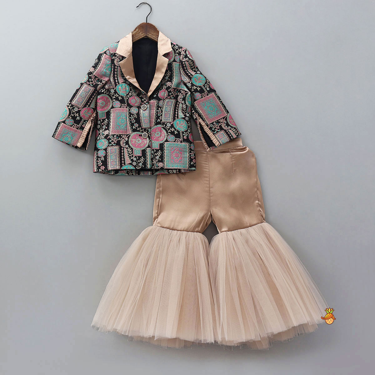 Noted Collar Jacket Style Top And Net Sharara